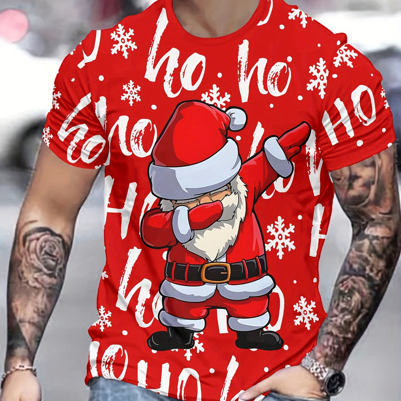 

Men's Novelty Santa Claus Graphic Tee - Casual Polyester Crew Neck T-shirt, Machine Washable