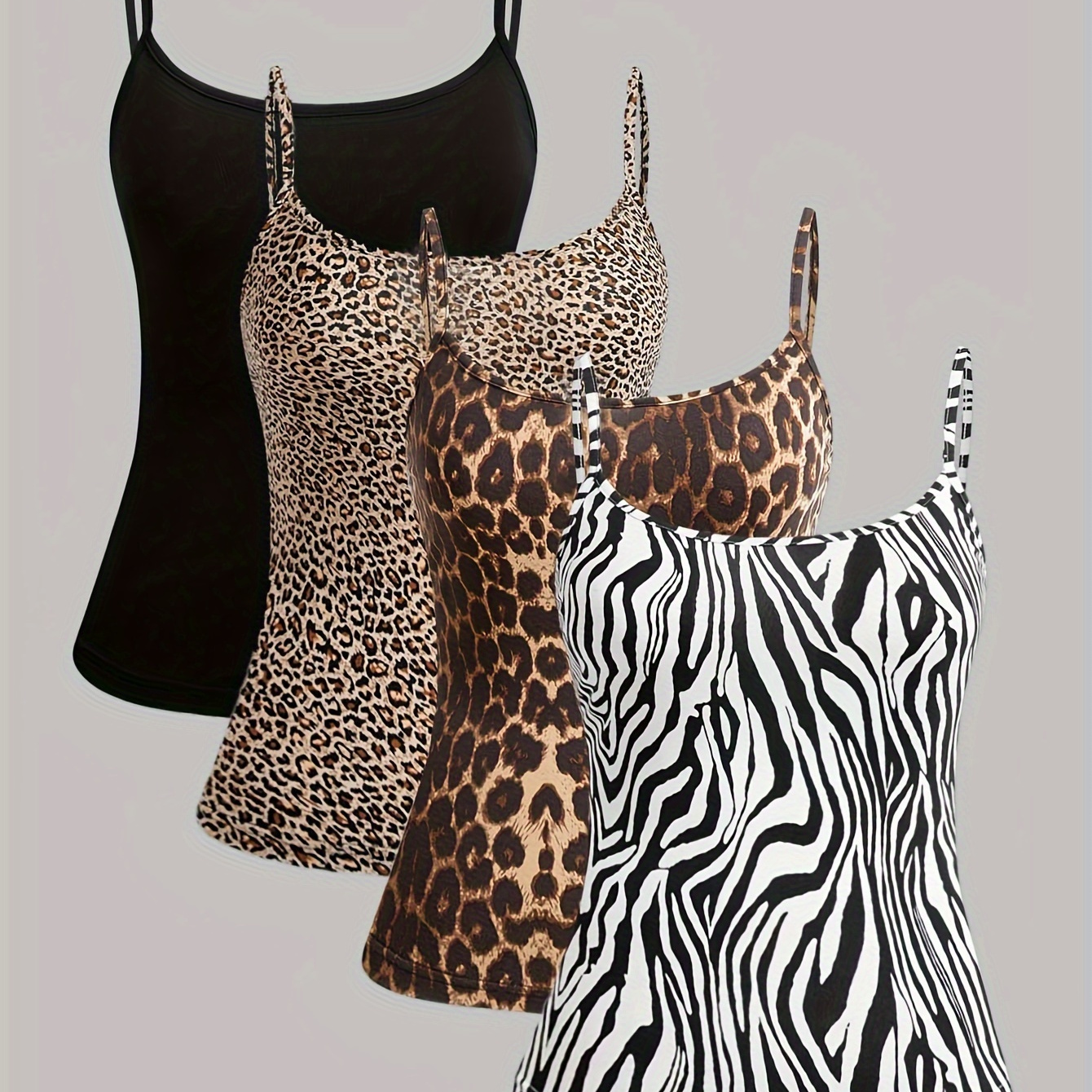 

4 Pcs Leopard & Zebra Stripe & Solid Color Strap Top, Casual Scoop Neck Sleeveless Skinny Cami Top For Summer, Women's Clothing