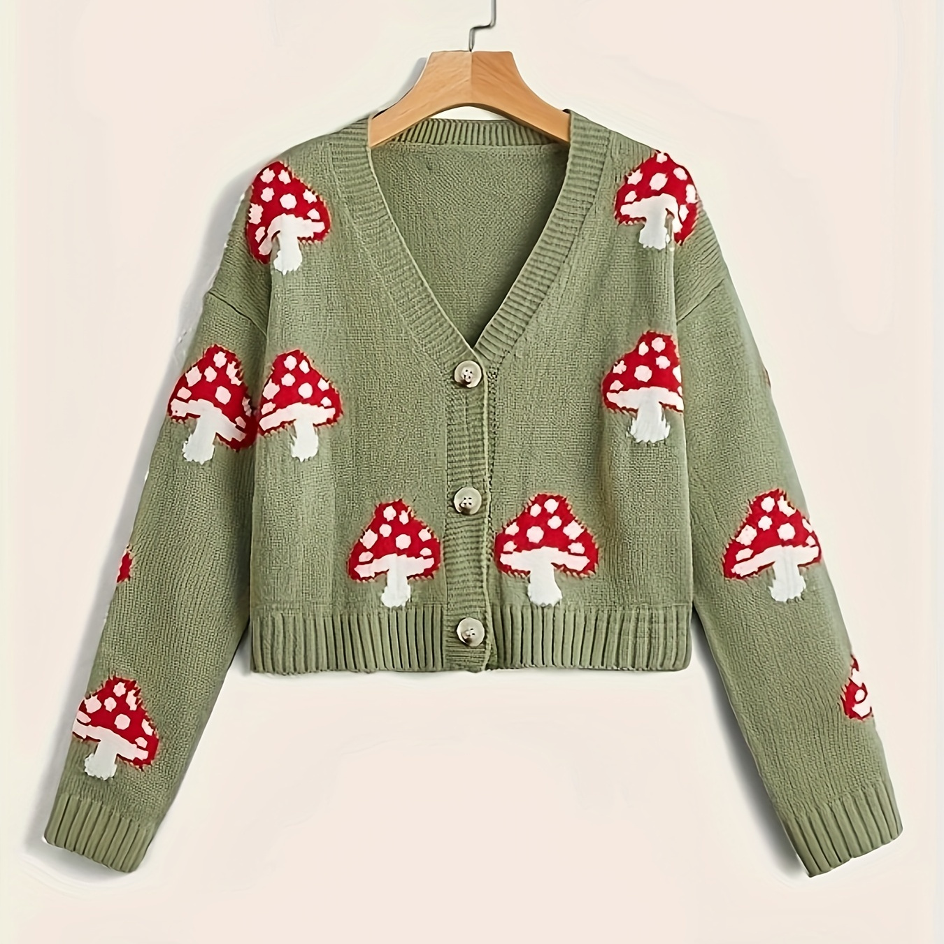 

Mushroom Pattern Button Front Cardigan, Casual Long Sleeve Knitted Cardigan For Spring & Fall, Women's Clothing