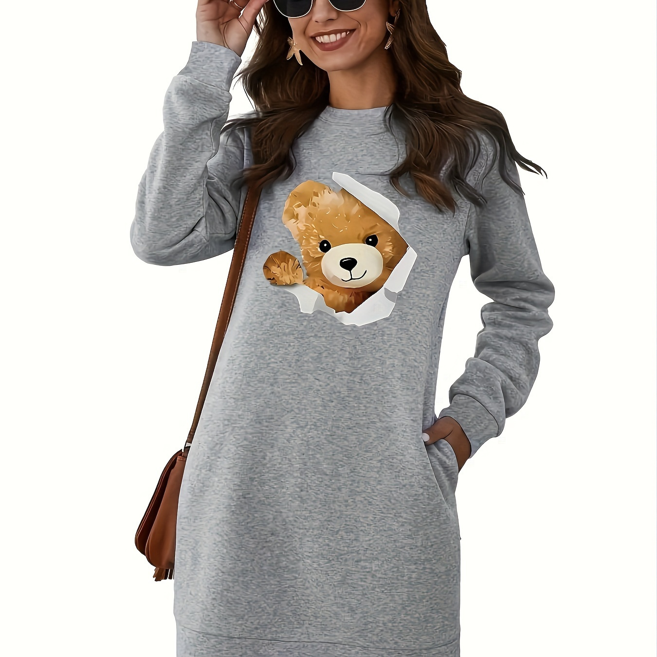 

Cozy Fleece-lined Sweater Dress For Women - Casual Long Sleeve, Round Neck, Knee-length With , Fall/winter
