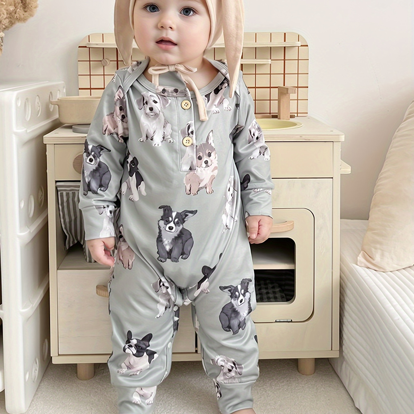 

Baby Boy's Cartoon Animal Allover Print Bodysuit, Comfy Onesie, Infant's Clothing For Fall Winter