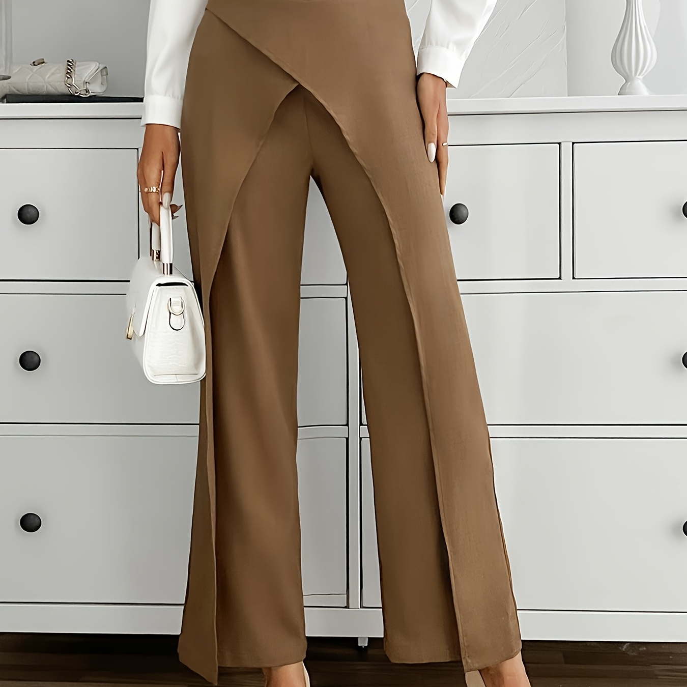 

Women's Elegant Brown Straight-leg Pants - High-waisted, Non-stretch, Smooth Polyester Fabric, Machine Washable, Casual Wear, | Highwaisted Pants | Smooth Texture, Cute Pants