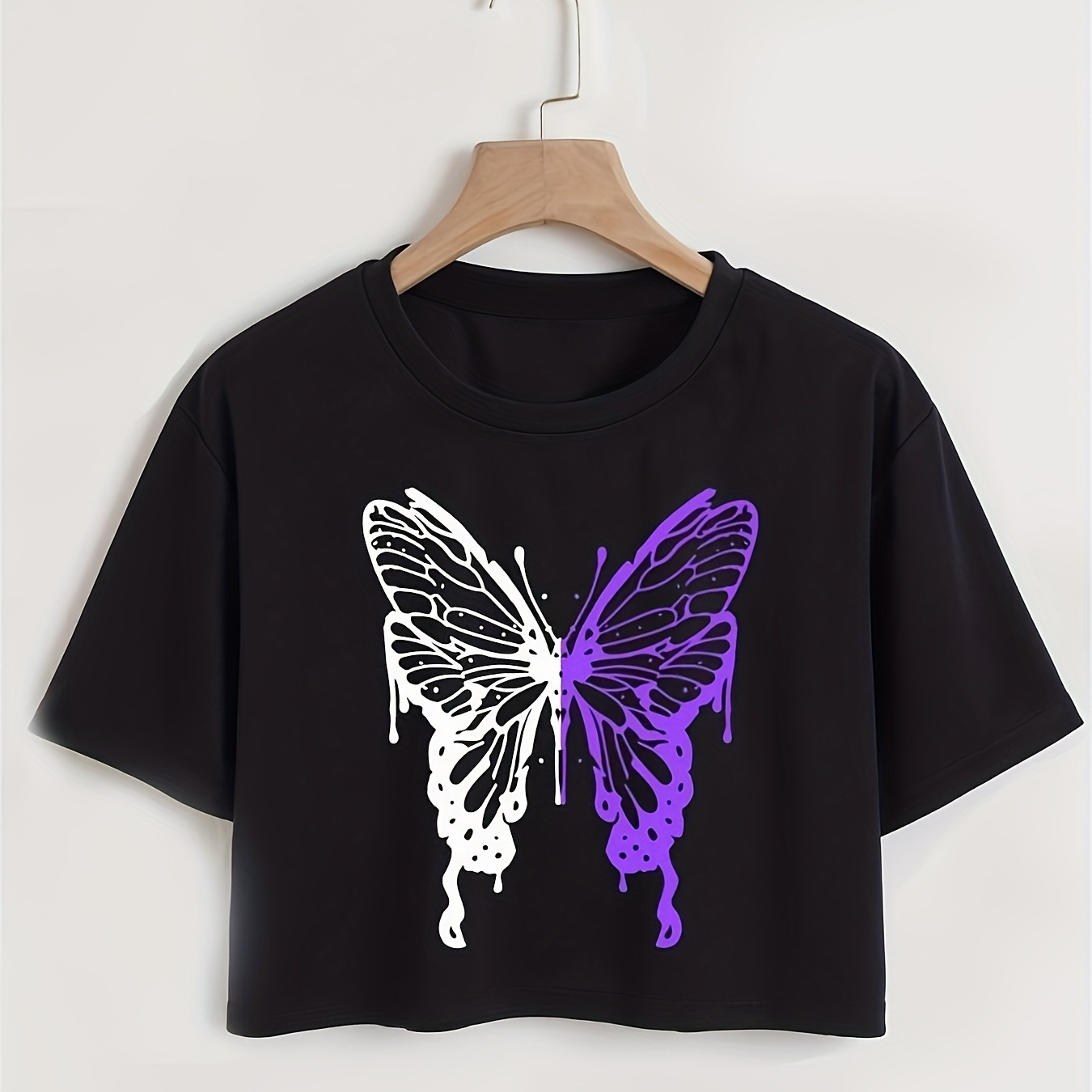 

Abstract Butterfly Print Lounge Tops, Short Sleeve Round Neck Crop Top, Women's Loungewear
