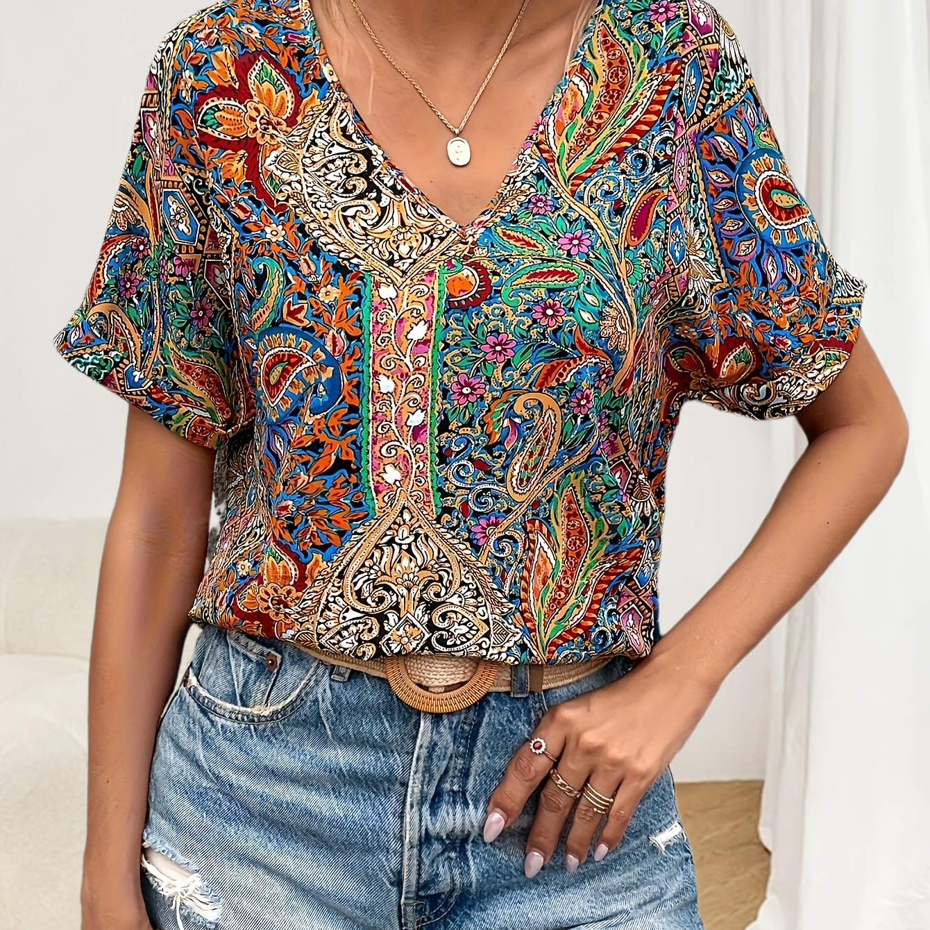 

Paisley Print V-neck Loose Blouse, Vintage Short Sleeve Blouse For Spring & Summer, Women's Clothing