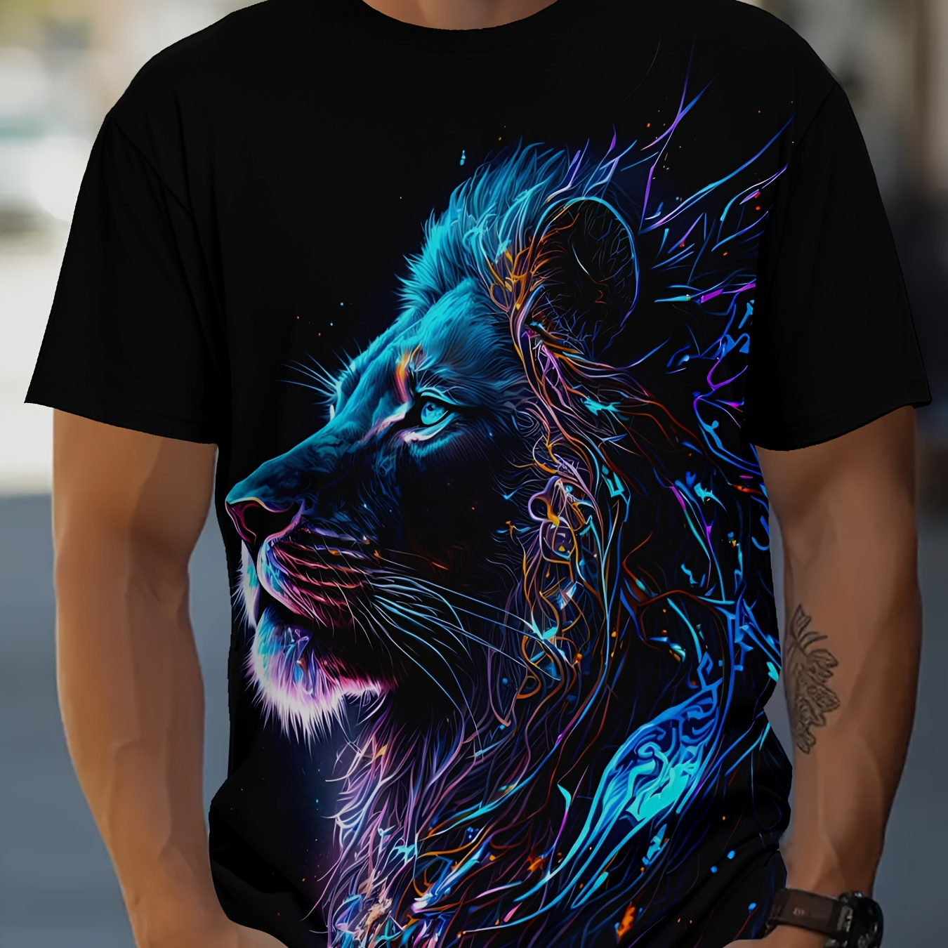 

Men's Lion Print T-shirt, Casual Short Sleeve Crew Neck Tee, Men's Clothing For Outdoor