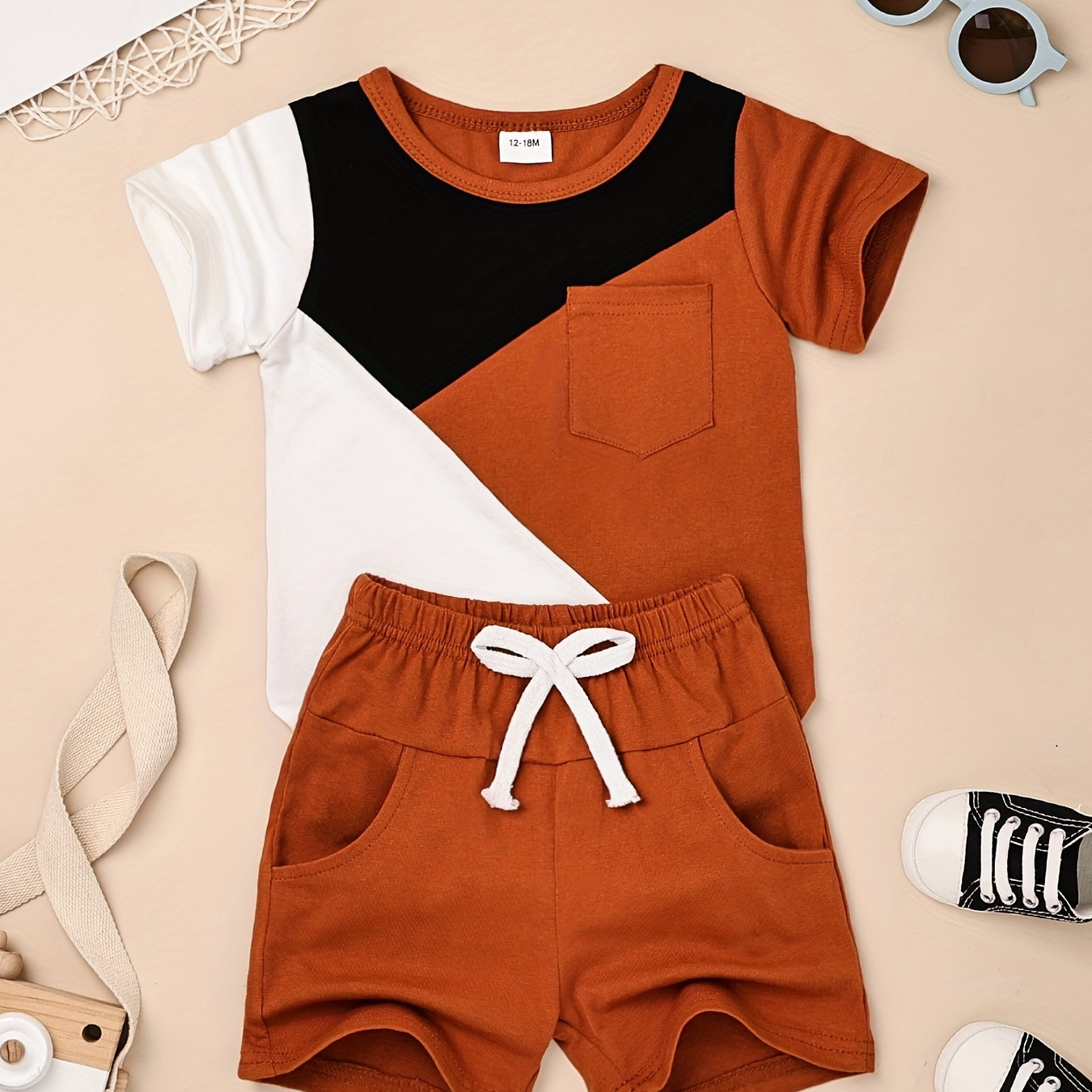 

Toddler Baby Boys Cute Casual Color Block T-shirt & Drawstrings Shorts Set For Summer Holiday