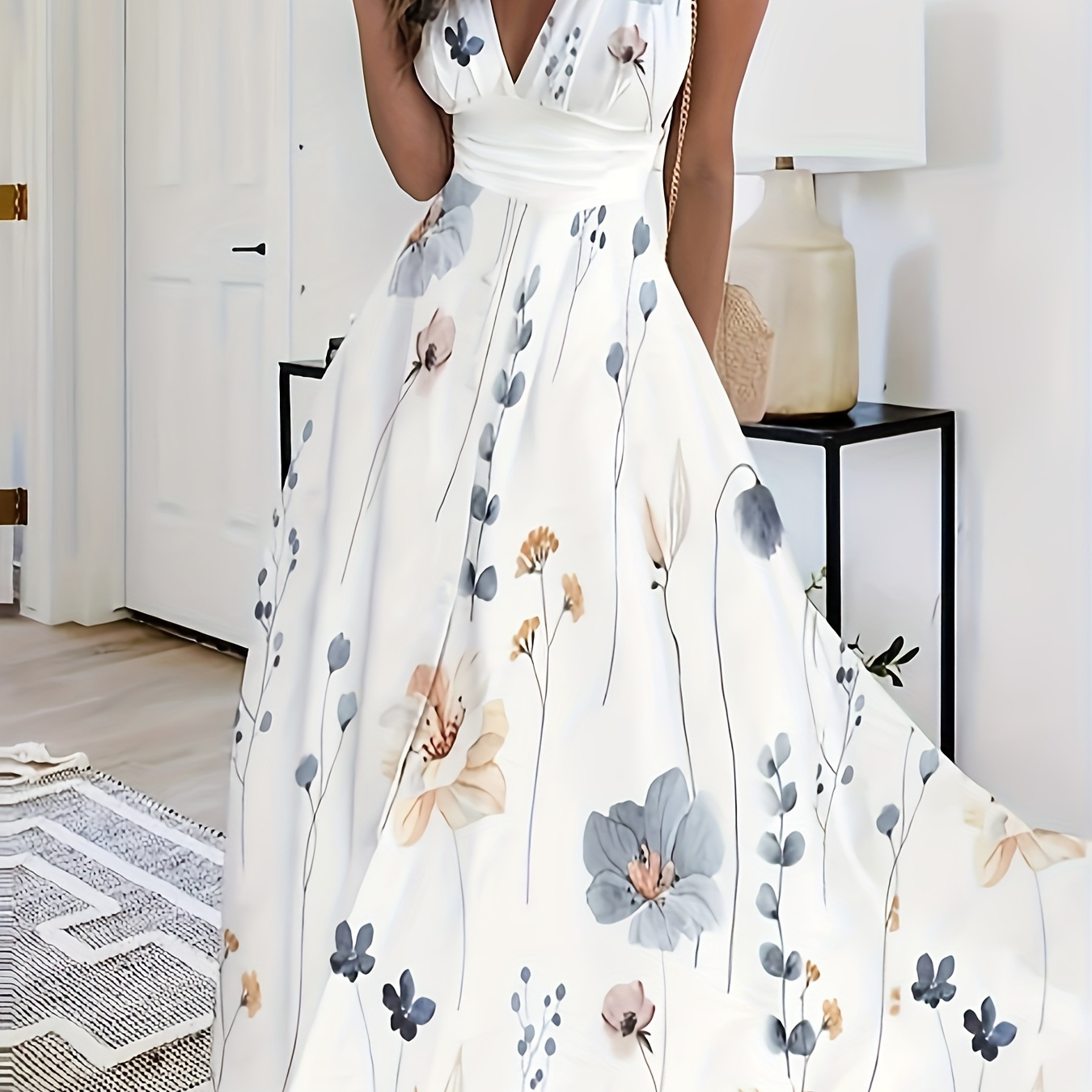 

Robe débardeur à imprimé floral et col en V, élégante robe trapèze sans manches pour le printemps et l'été, vêtements pour femmes