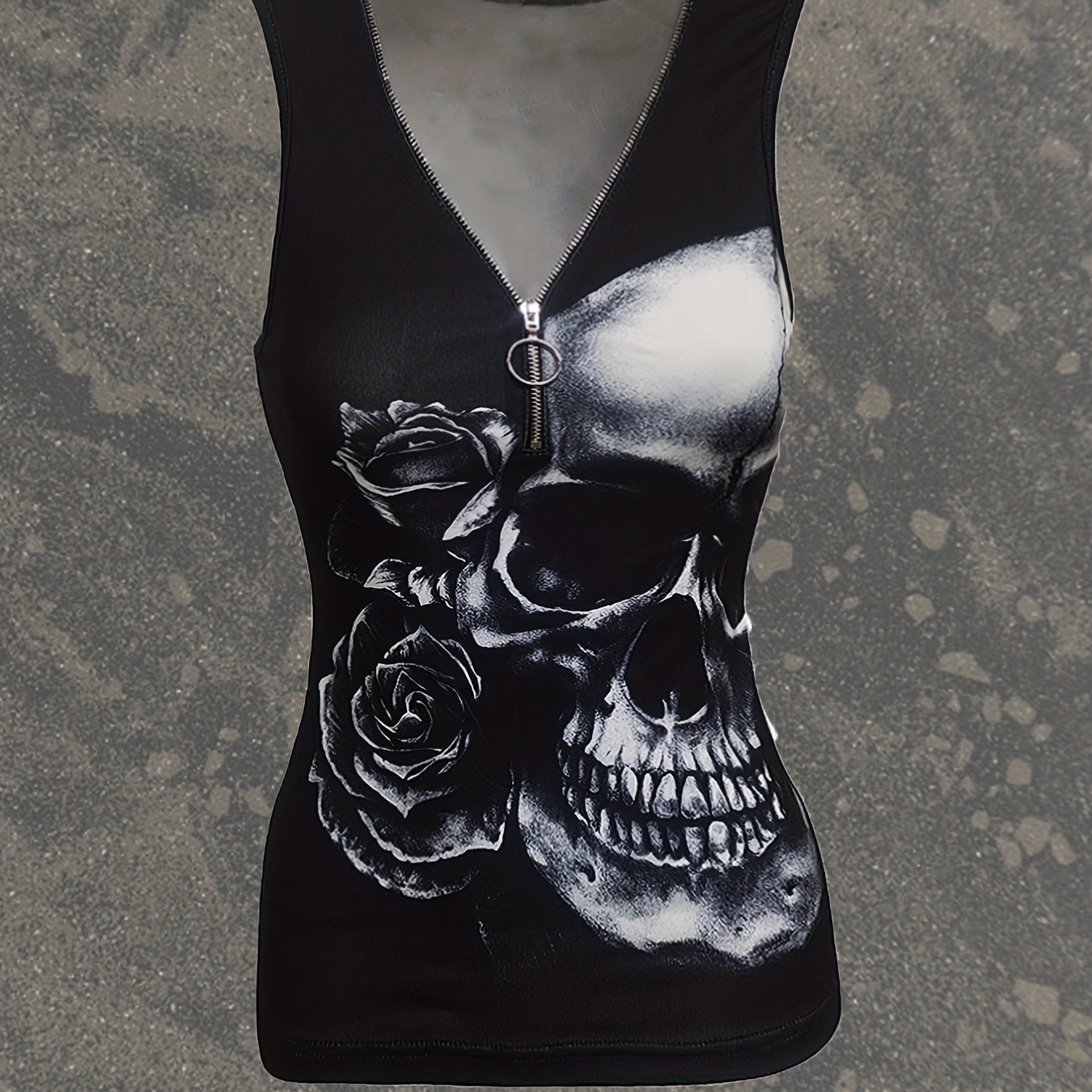 

Skull & Flower Print Zip Front Tank Top, Casual V Neck Summer Sleeveless Top, Women's Clothing