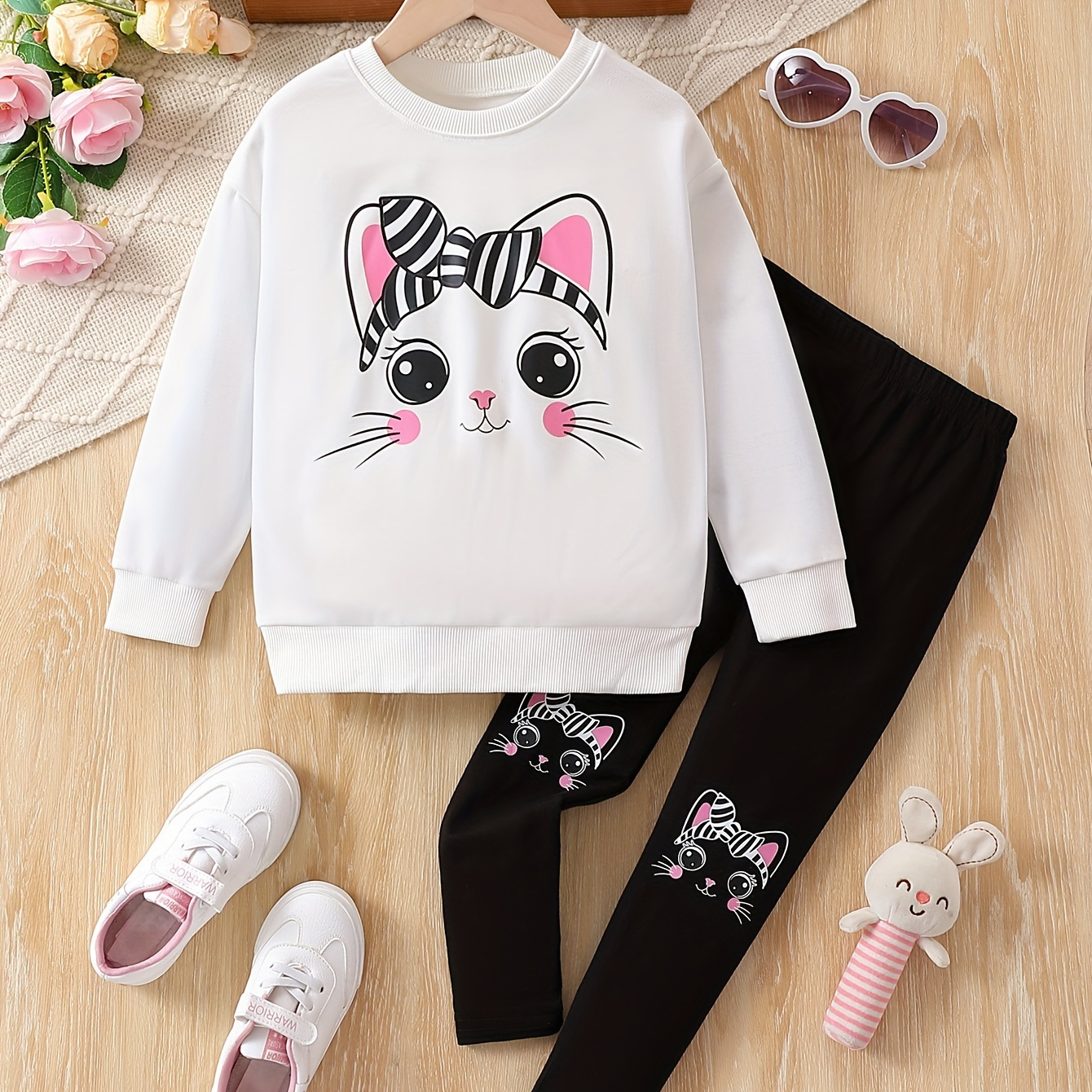 

2pcs Cute Kitty Print Outfits, Pullover + Pants Set Girls Spring Fall Gift