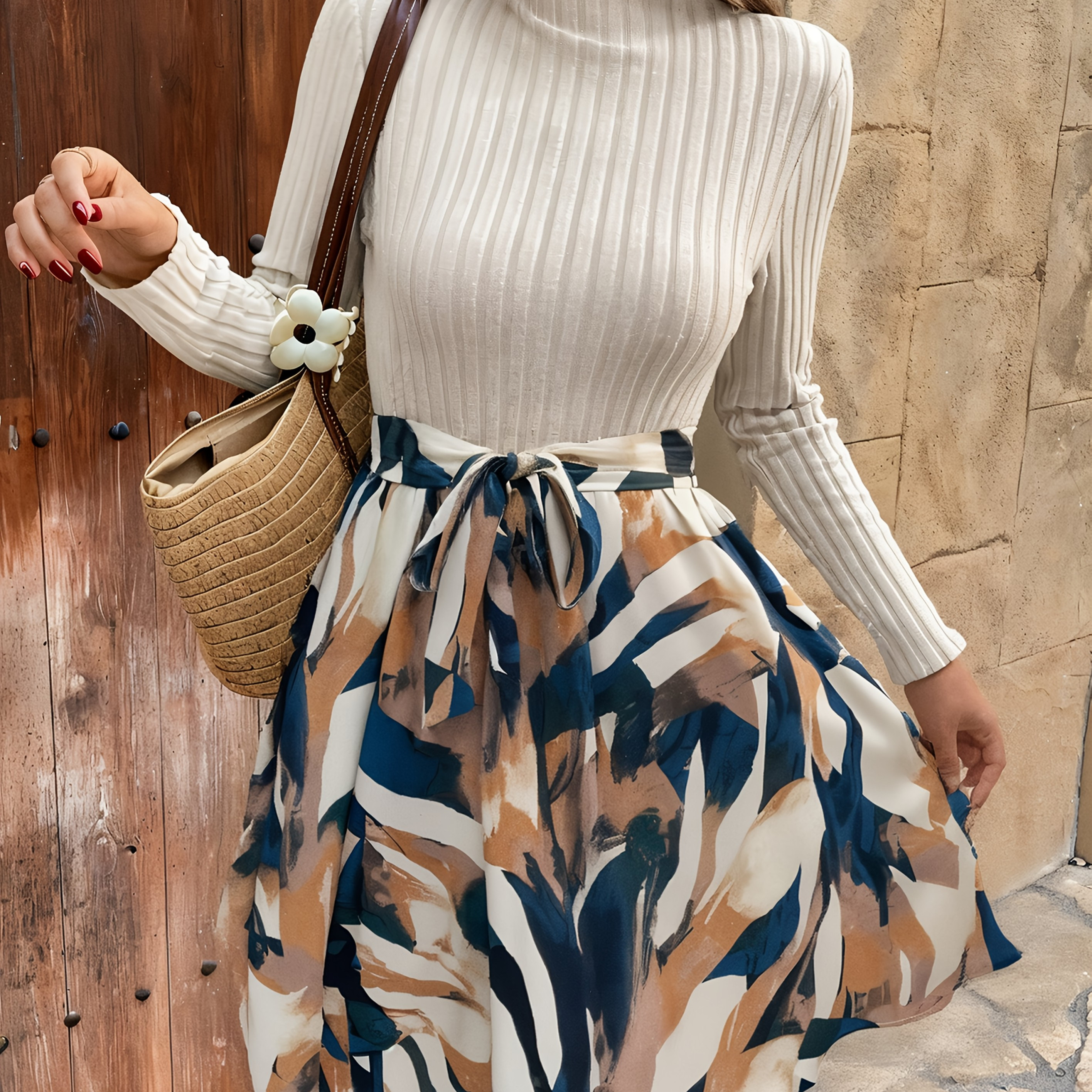 

Print Ribbed Knit Dress For Women - Polyester, Machine Washable, Non-sheer, Geometric Pattern, Crew Neck, Long Sleeve, Casual & Chic Midi Length With Pockets - All