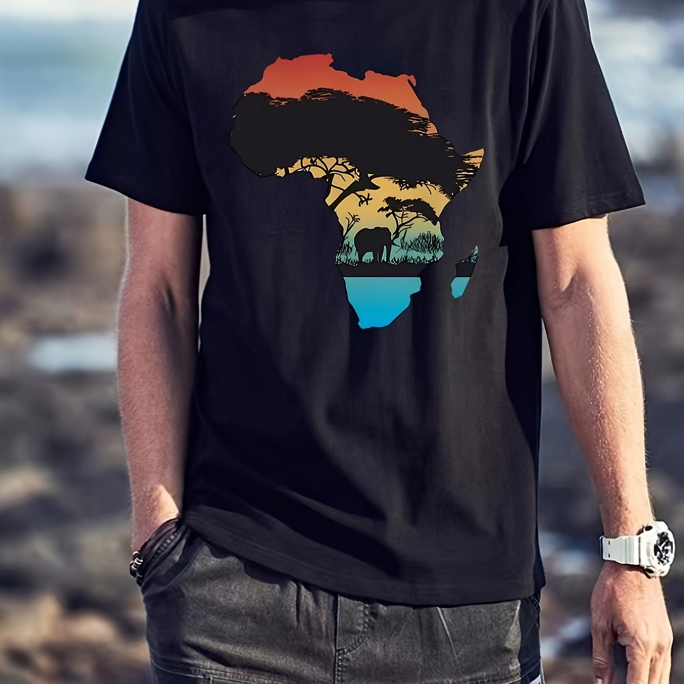 

African Map Print, Men's Round Crew Neck Short Sleeve, Simple Style Tee Fashion Regular Fit T-shirt Casual Comfy Top For Spring Summer Holiday Leisure Vacation Men's Clothing As Gift