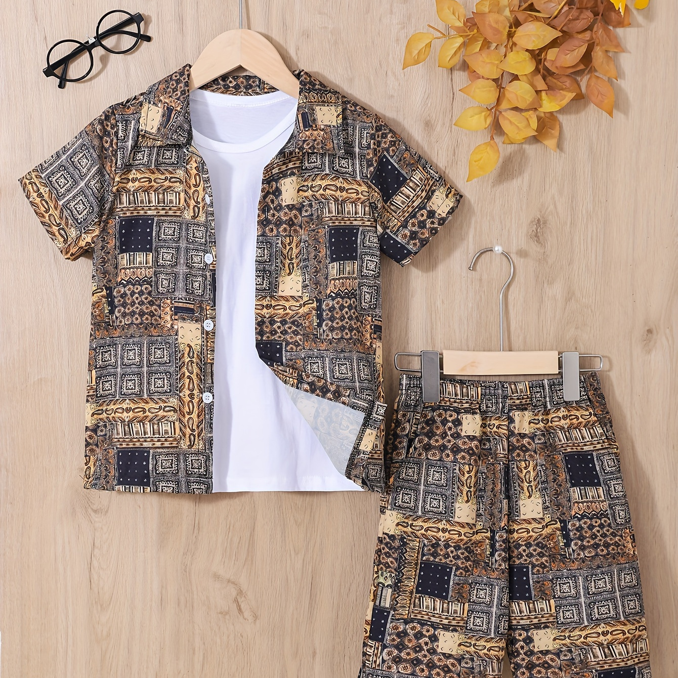 TEMU 2pcs Boys Casual Ethnic Style Full Print Short Sleeve Lapel Shirt & Shorts Set, Comfy Summer Boys Clothing