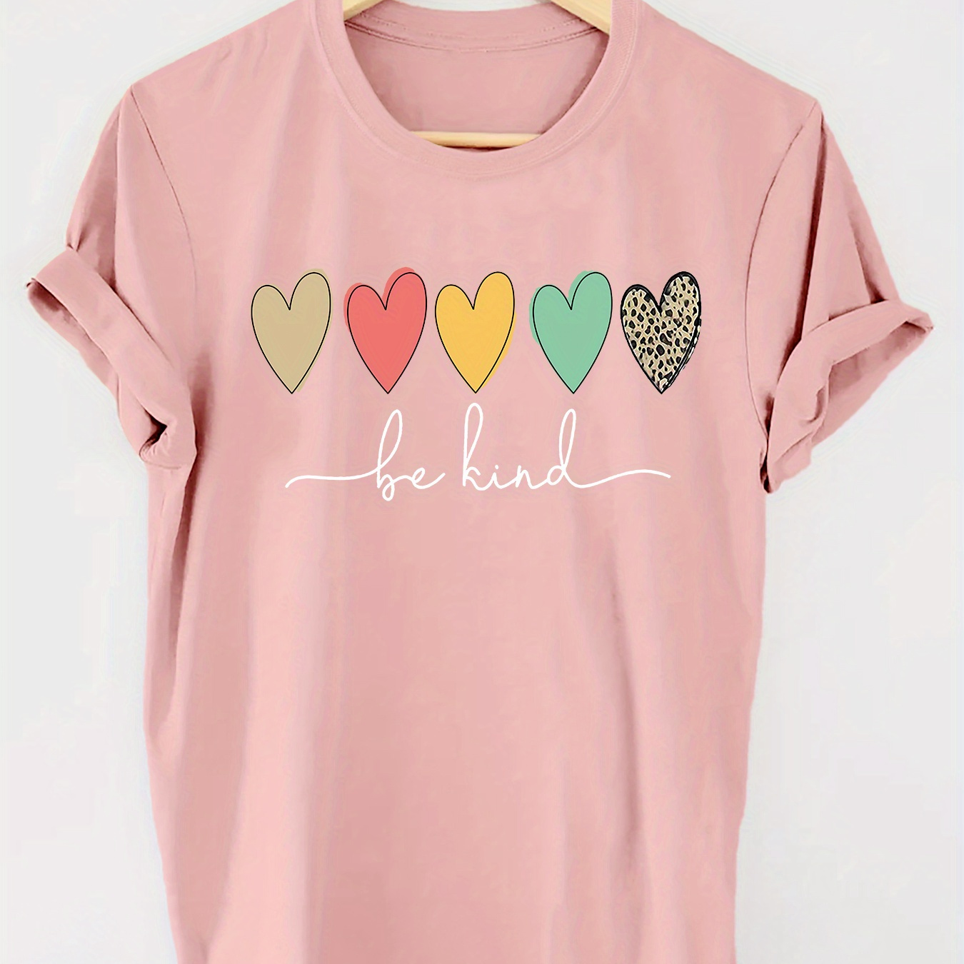 

Heart Print Crew Neck T-shirt, Casual Short Sleeve T-shirt For Spring & Summer, Women's Clothing