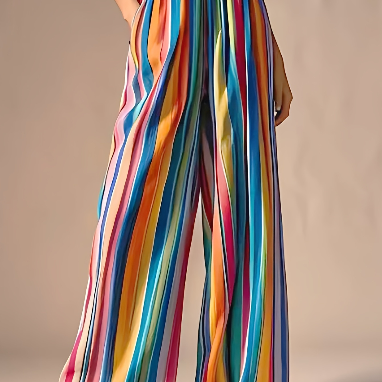 

Women's High-waisted Rainbow Striped Loose-fit Pants - Vibrant Multicolor Vertical Stripes, Lightweight Polyester Blend, Spring/summer/fall, Cute Pants