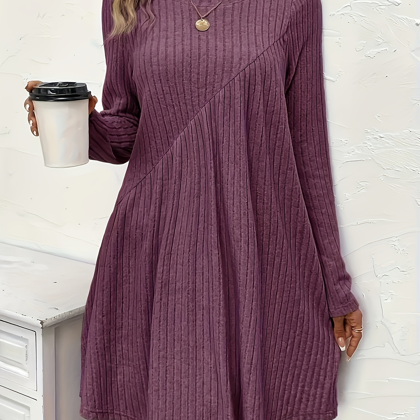 

1pc Robe en de couleur unie pour femme - Robe en à col rond en polyester pour / - Robe décontractée à manches longues pour adulte