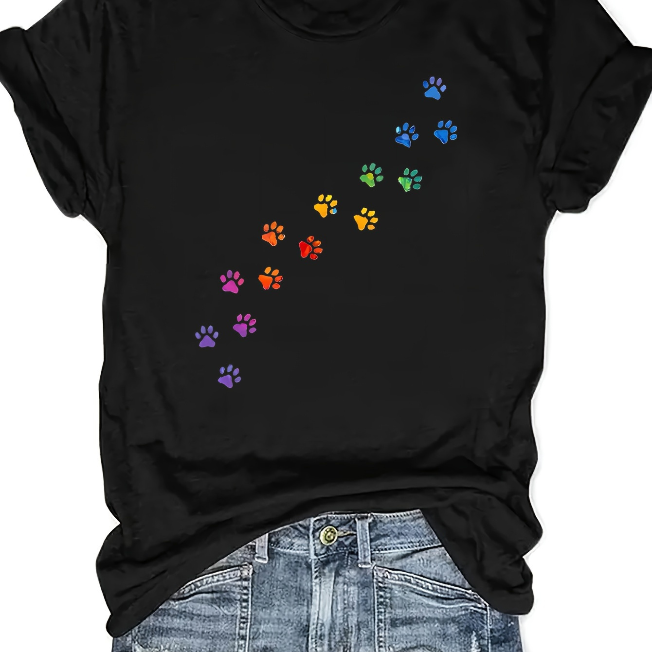 

Colorful Paw Print Crew Neck T-shirt, Casual Short Sleeve T-shirt For Spring & Summer, Women's Clothing