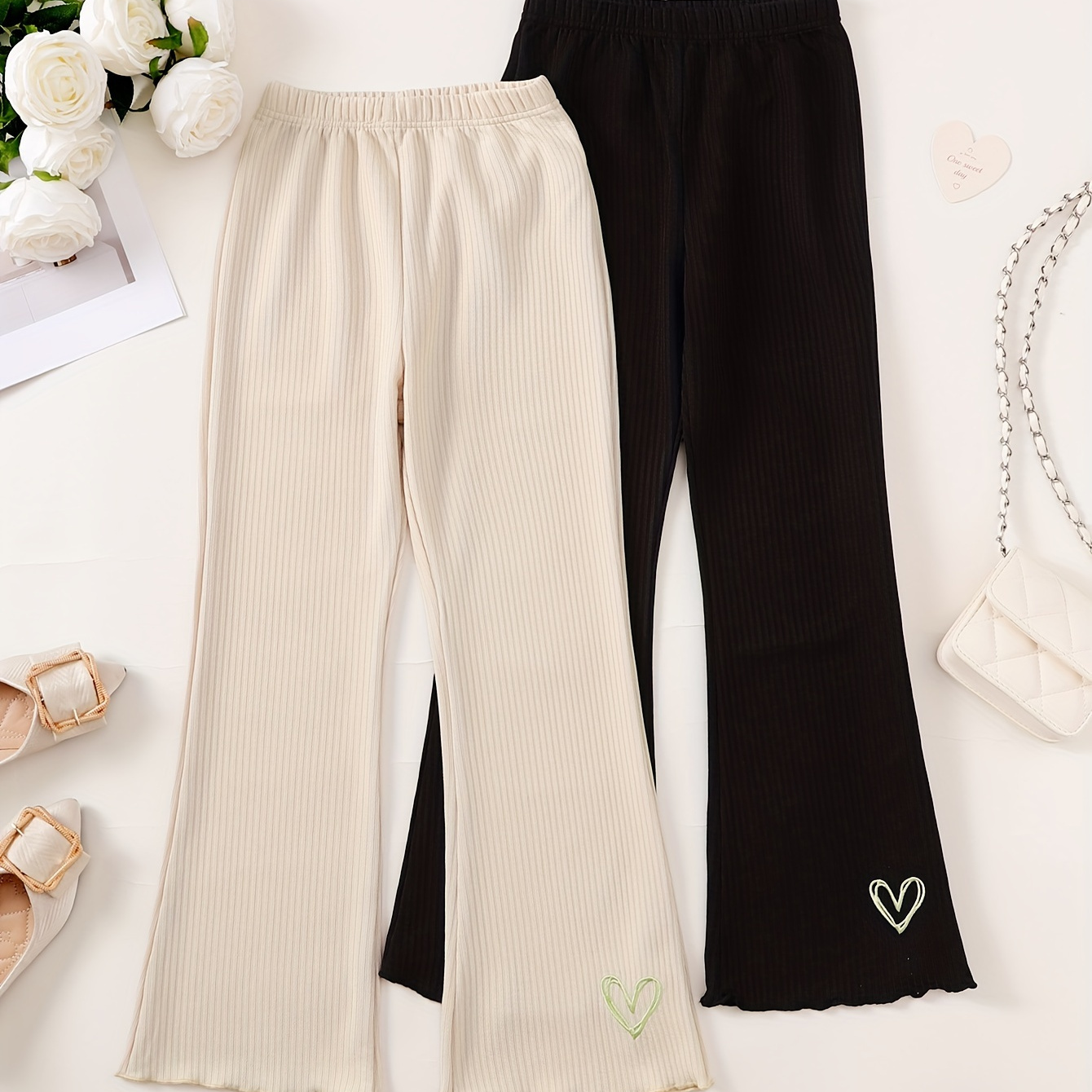 

2pcs, Knit Heart Graphic Ribbed Pants Set For Girls, Simple And Comfy Summer Outdoor Wear Casual Leggings