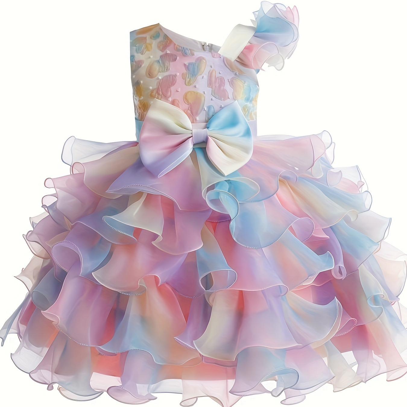 

Girls Elegant Rainbow Princess Dress With Bowknot Flutter Trim Mesh Dress Tutu Dress For Party, Performance, Birthday