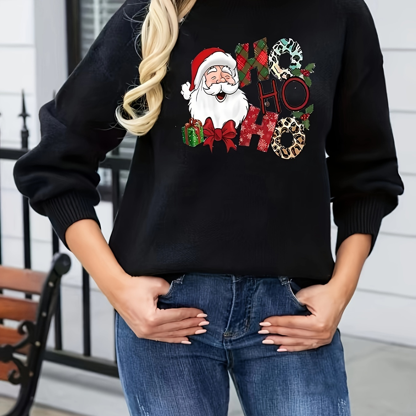 

Pull-over de Noël en graphic pour femme - Col rond long manche décontracté en avec mélange de polyester et de viscose pour /hiver