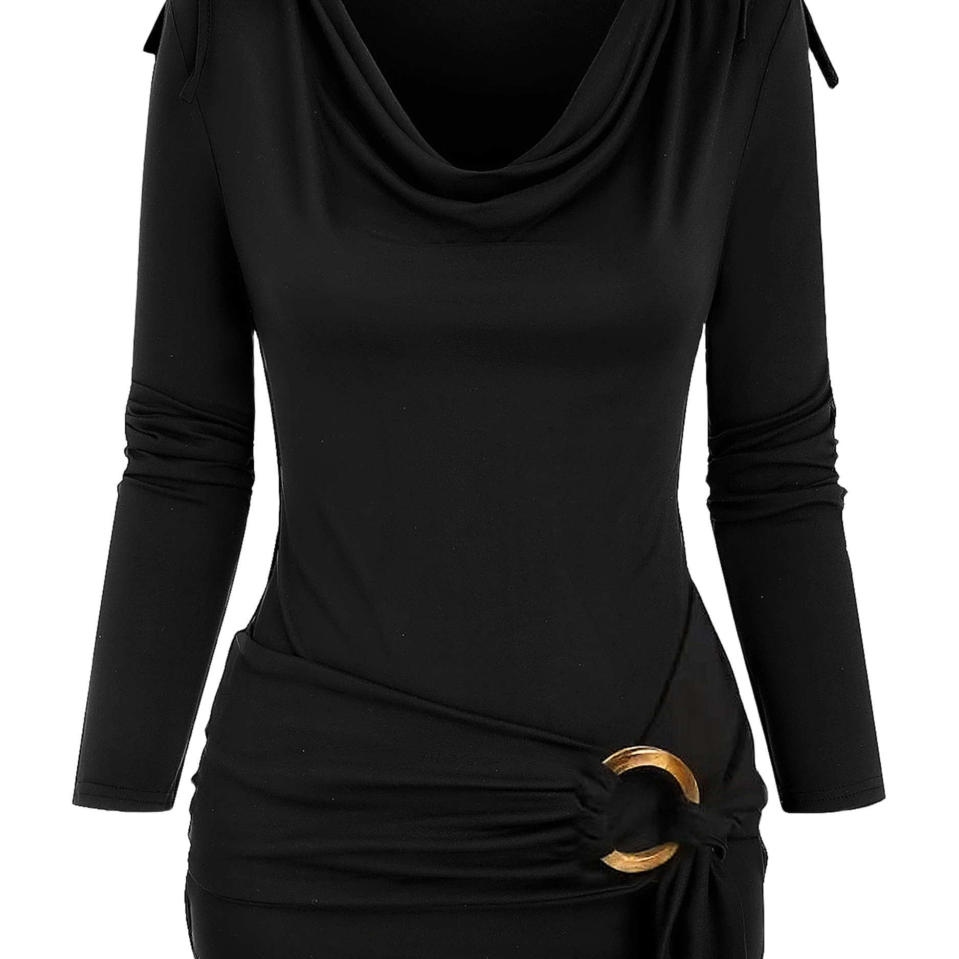 

Cowl Neck Ring Decor Ruched Top, Elegant Long Sleeve Drawstring Top For Spring & Fall, Women's Clothing