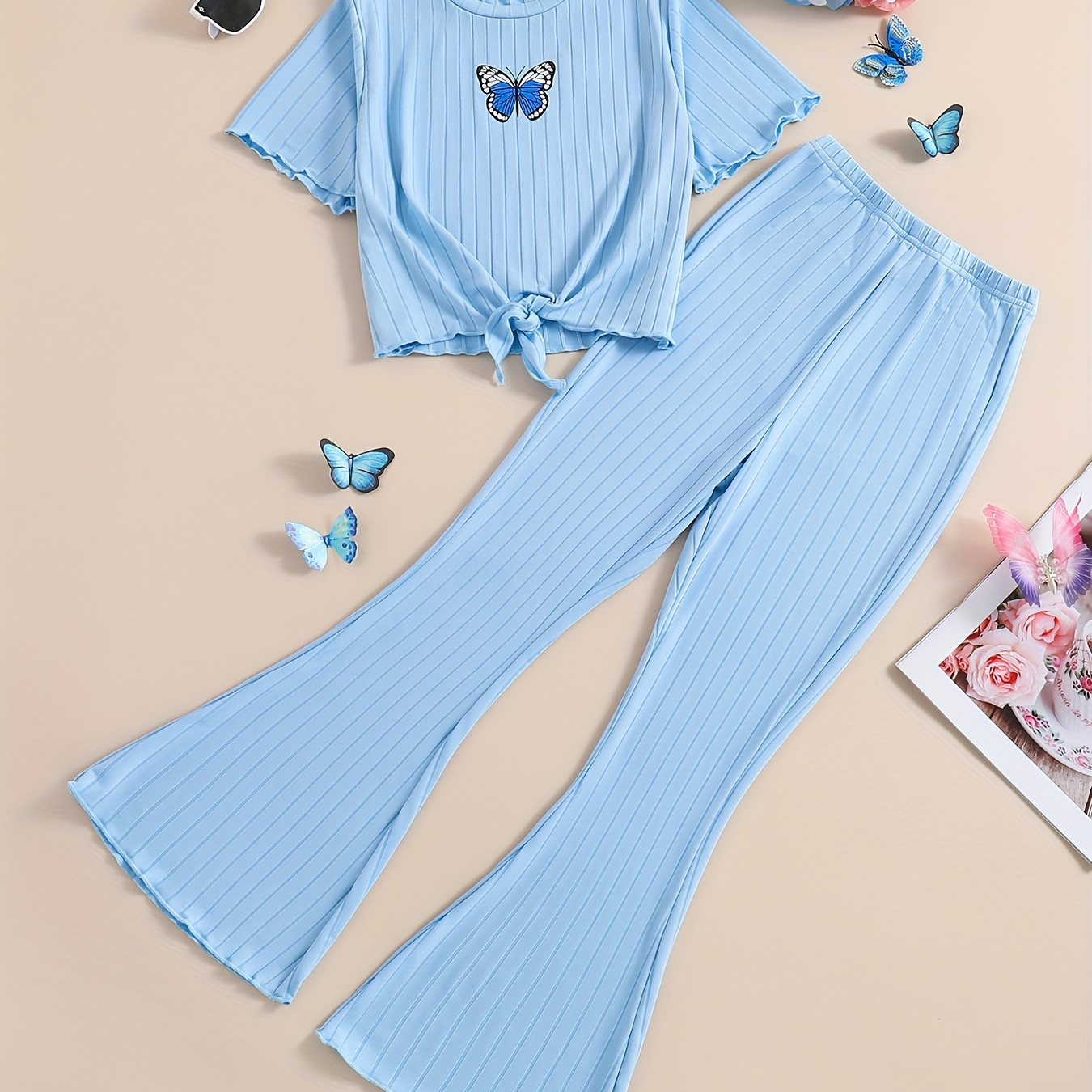 

Girl's Rib-knit 2pcs Tie Knot Butterfly Graphic T-shirt Top & Flared Pants Set, Casual Outfit Summer Clothes