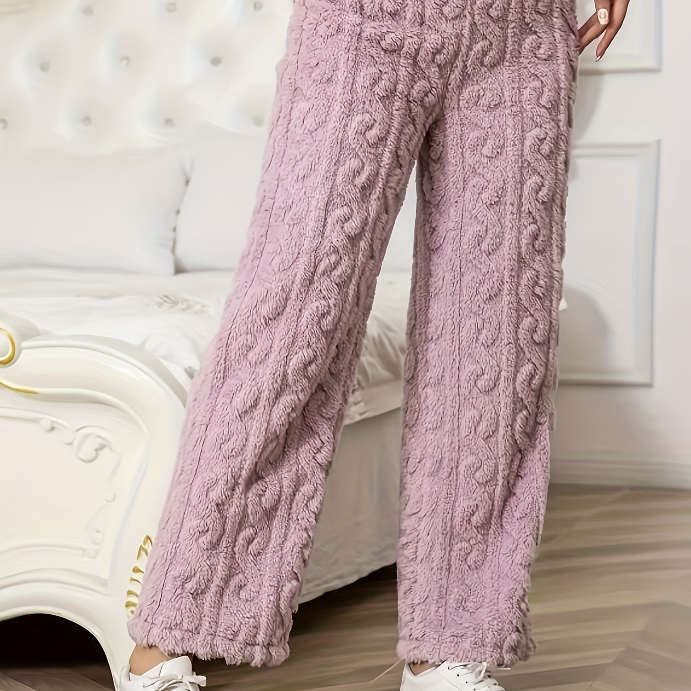 Solid Elastic Waist Fuzzy Pants Casual Comfy Straight Leg - Temu