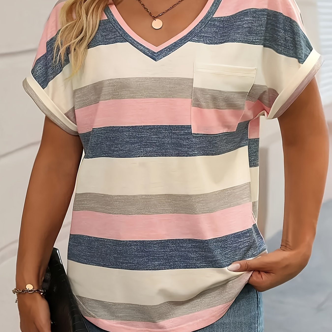 

Plus Size Colorful Stripe Print T-shirt, Casual Pocket Batwing Sleeve V Neck Top For Spring & Summer, Women's Plus Size Clothing