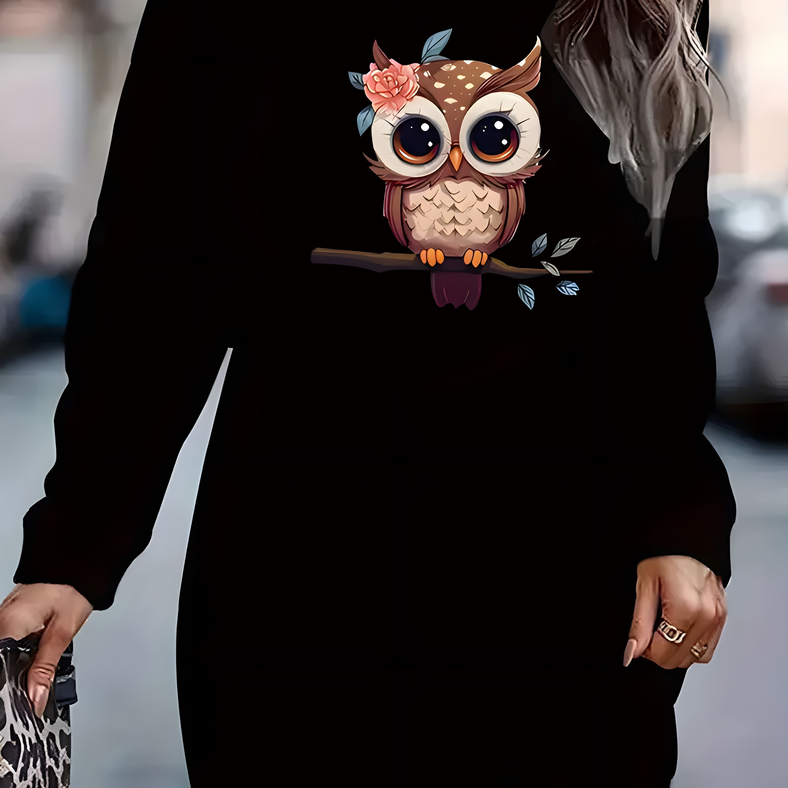 

Women's Casual Long Sleeve Crew Neck Sweatshirt Dress, Cartoon Owl Applique, Polyester Knit Fabric, 250gsm, Fall/