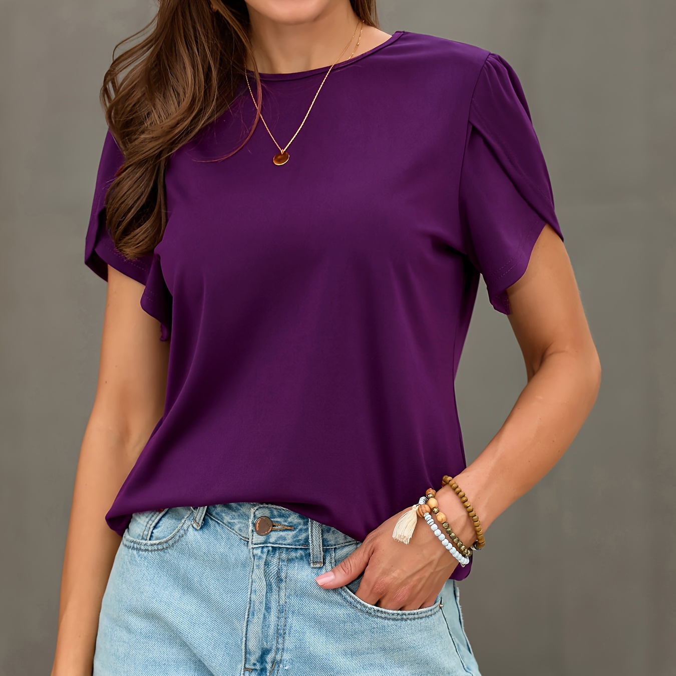 

Solid Crew Neck T-shirt, Elegant Petal Sleeve Top For Spring & Summer, Women's Clothing