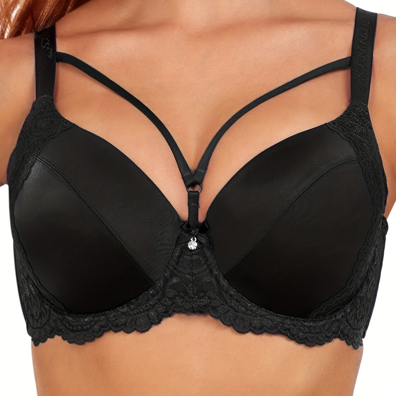 

Plus Size Elegant Bra, Soutien-gorge Moulé À Bonnets Décorés De Nœuds En Dentelle Contrastée Et De Strass Pour Femmes De Grande Taille