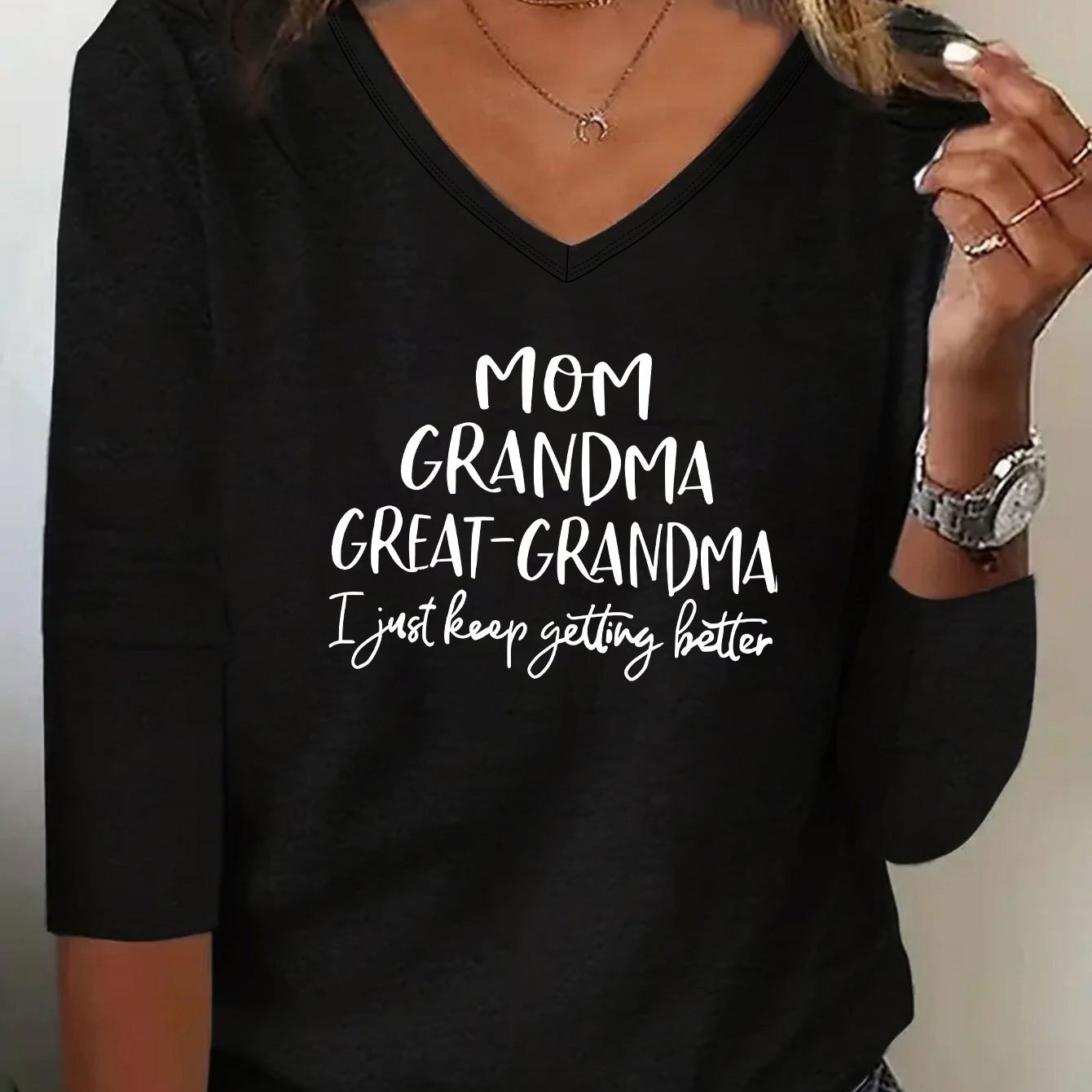 

Mom Grandma Print T-shirt, Long Sleeve V Neck Casual Top For Spring & Fall, Women's Clothing