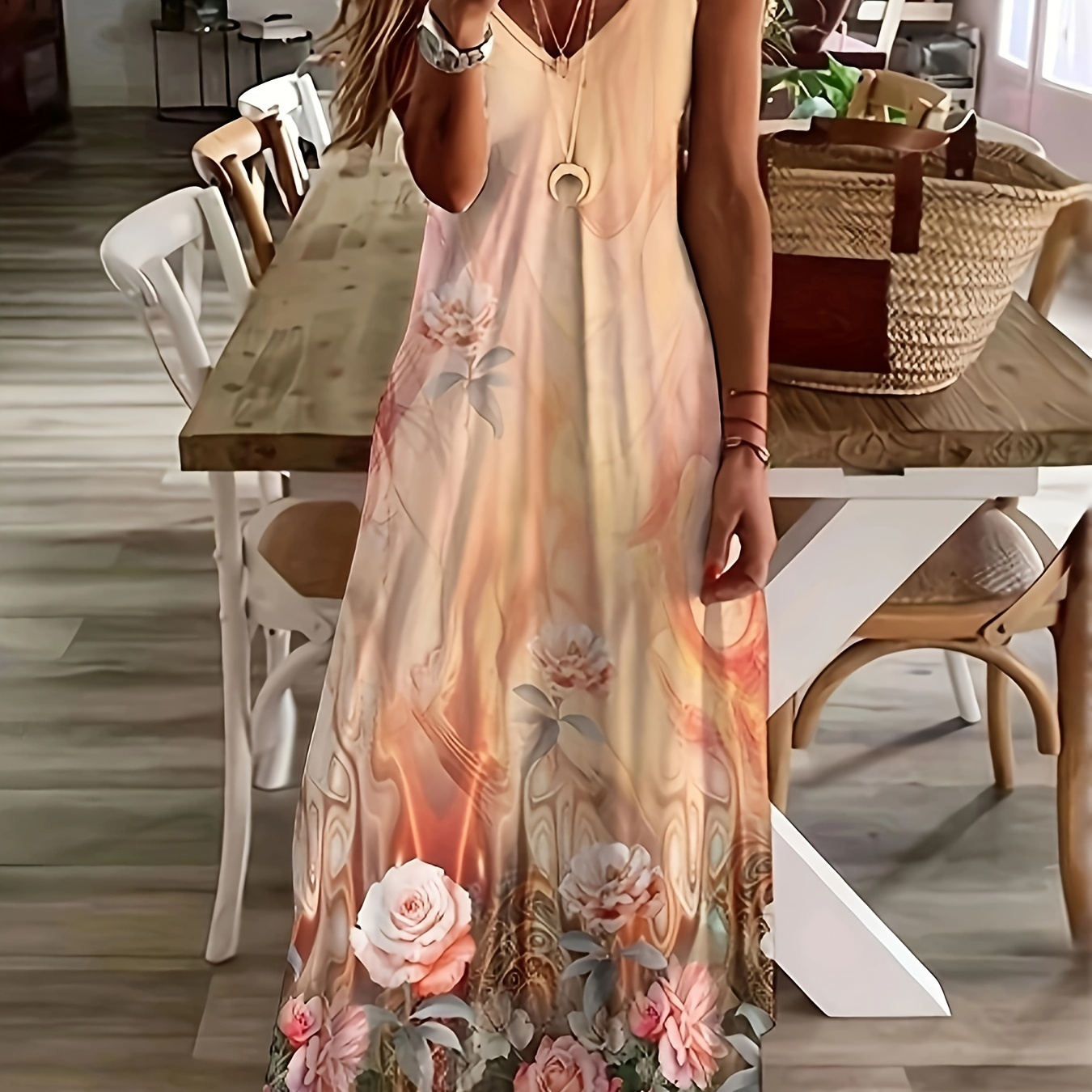 

Floral Print Cami Dress, Casual V Neck Sleeveless Maxi Dress, Women's Clothing