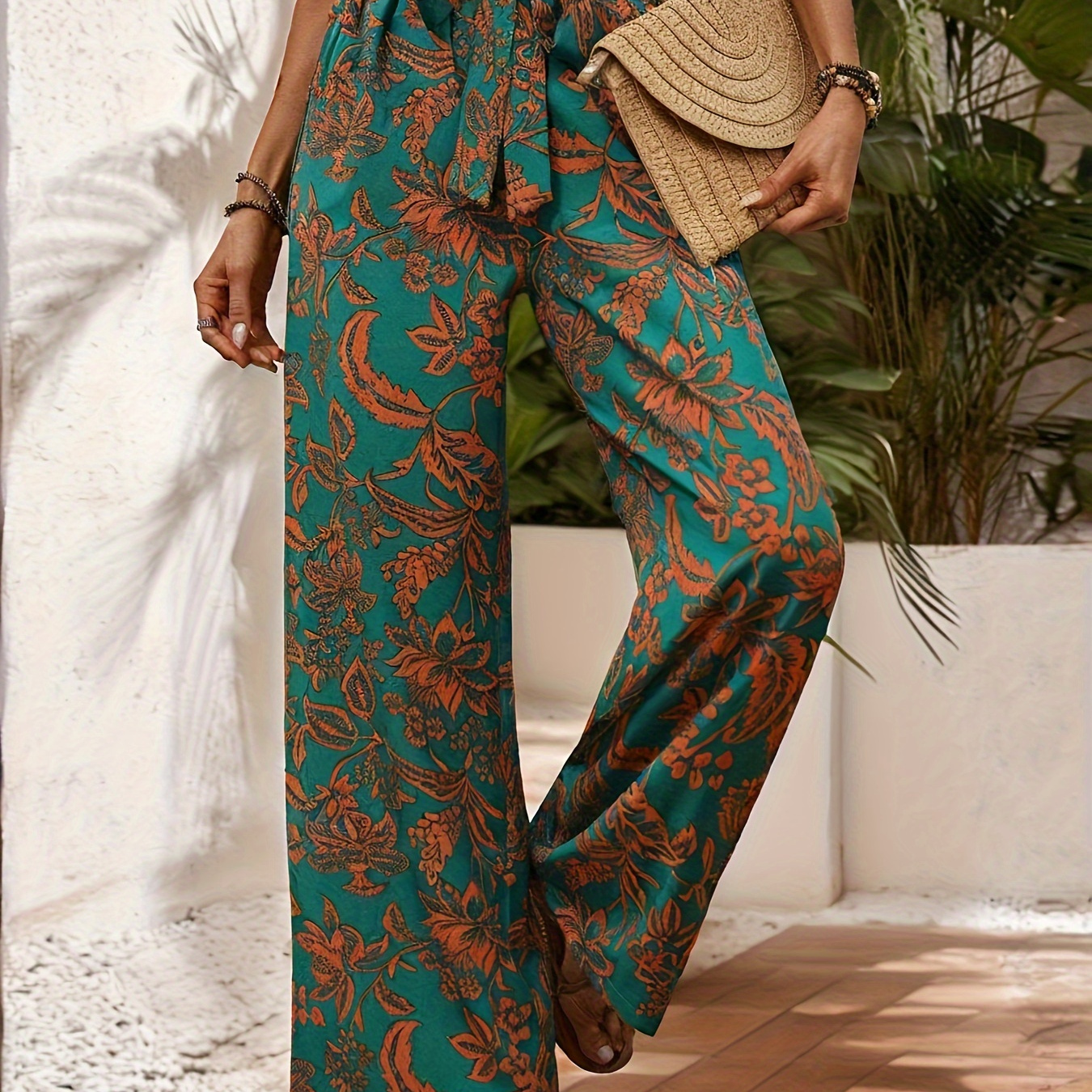 

Vacation Floral Print Tie Waist Wide Leg Pants, Casual & Versatile High Waist Pants For Spring & Summer, Women's Clothing