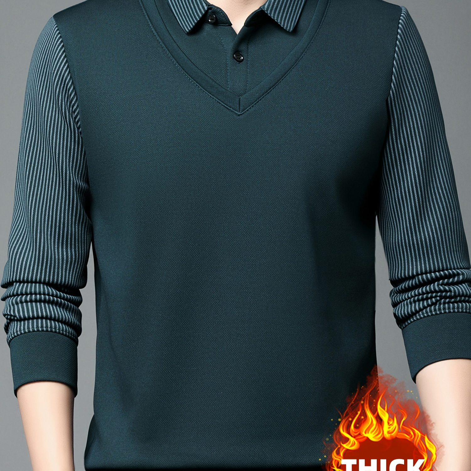 

Men's Casual Thickened Striped Long Sleeve Shirt, Faux Two-piece Pullover Sweater