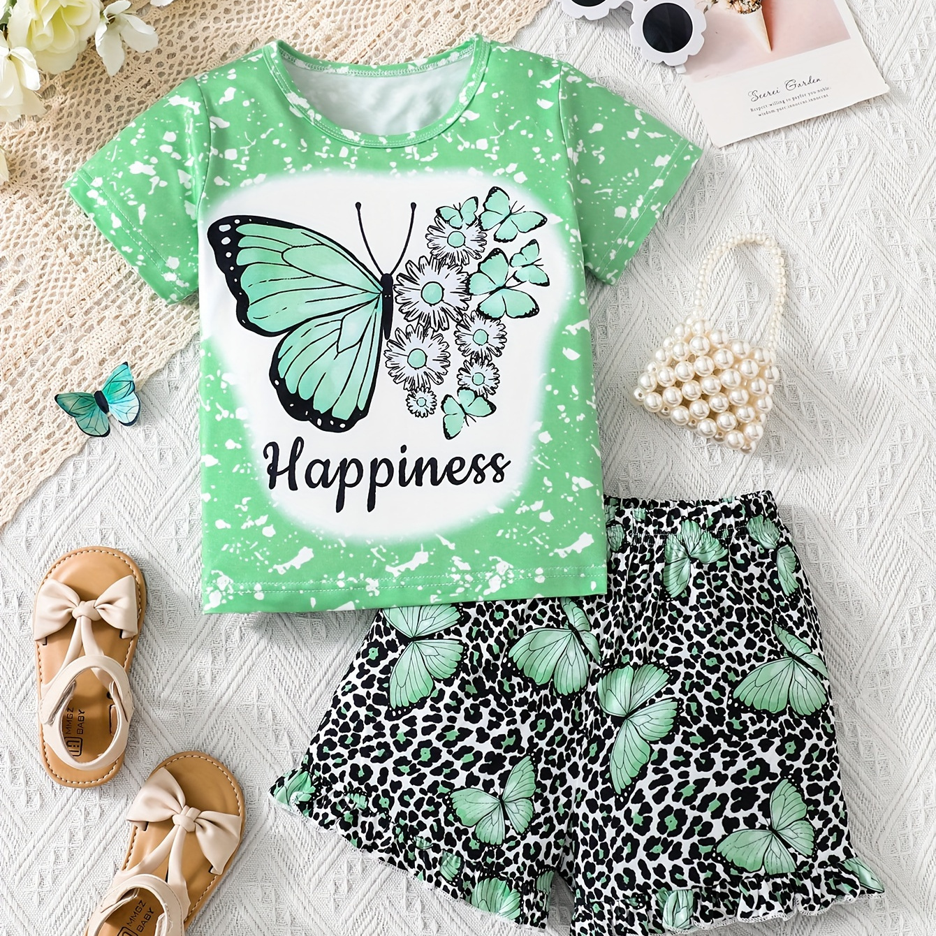 

Happiness & Butterfly Graphic T-shirt + Leopard Shorts 2-piece Girl's Set, Holiday Leisure Summer Clothes, Gift