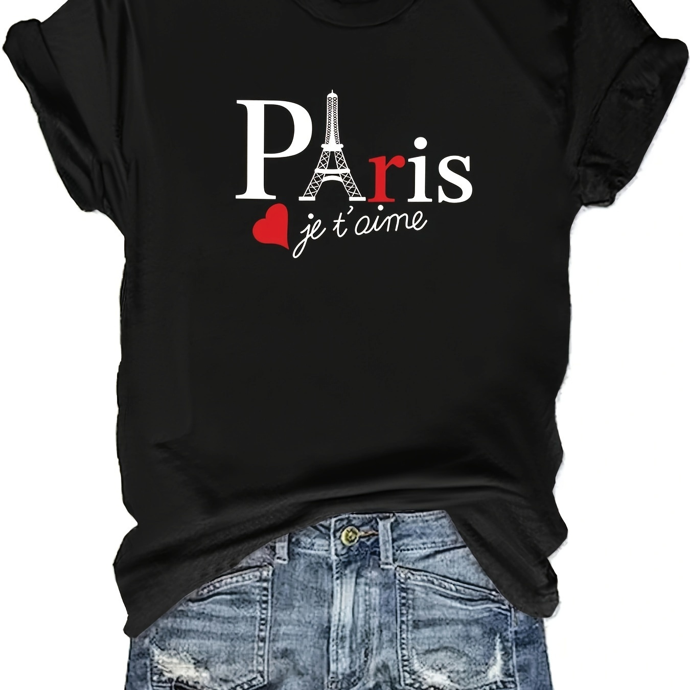 

Paris Tower Graphic Print T-shirt, Short Sleeve Crew Neck Casual Top For Summer & Spring, Women's Clothing