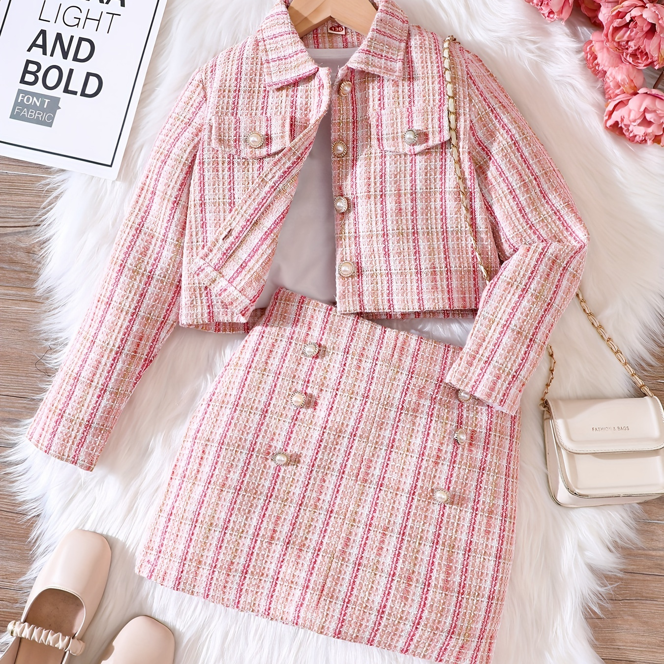 

2pcs Girl's Elegant Cardigan Outfit, Tweed Coat & Skirt Set, Artificial Pearl Button Decor, Kid's Clothes For Spring Autumn