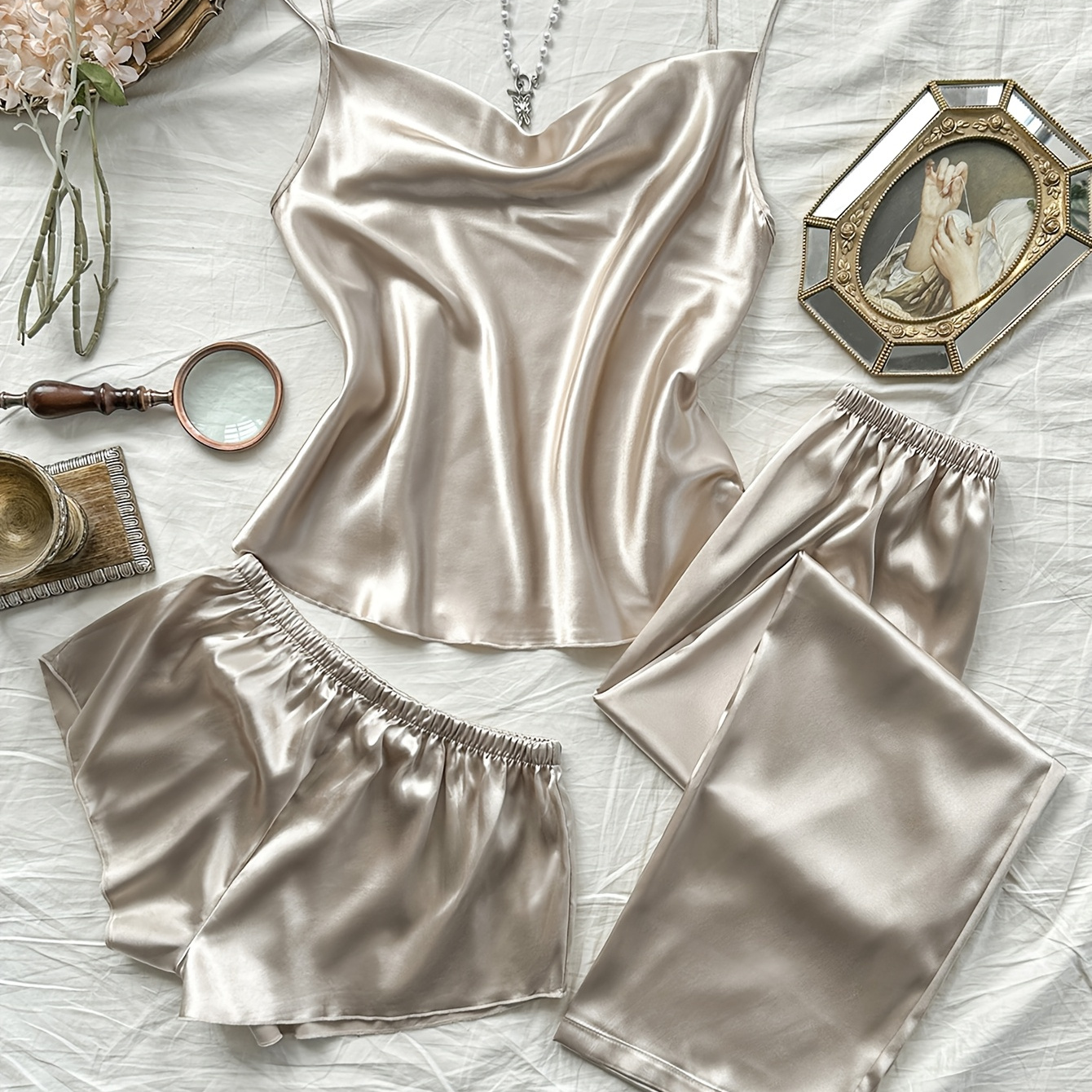 

Women' And Sexy -piece Set Including A Camisole Top, Shorts, And Long Pants Simulated Silk.