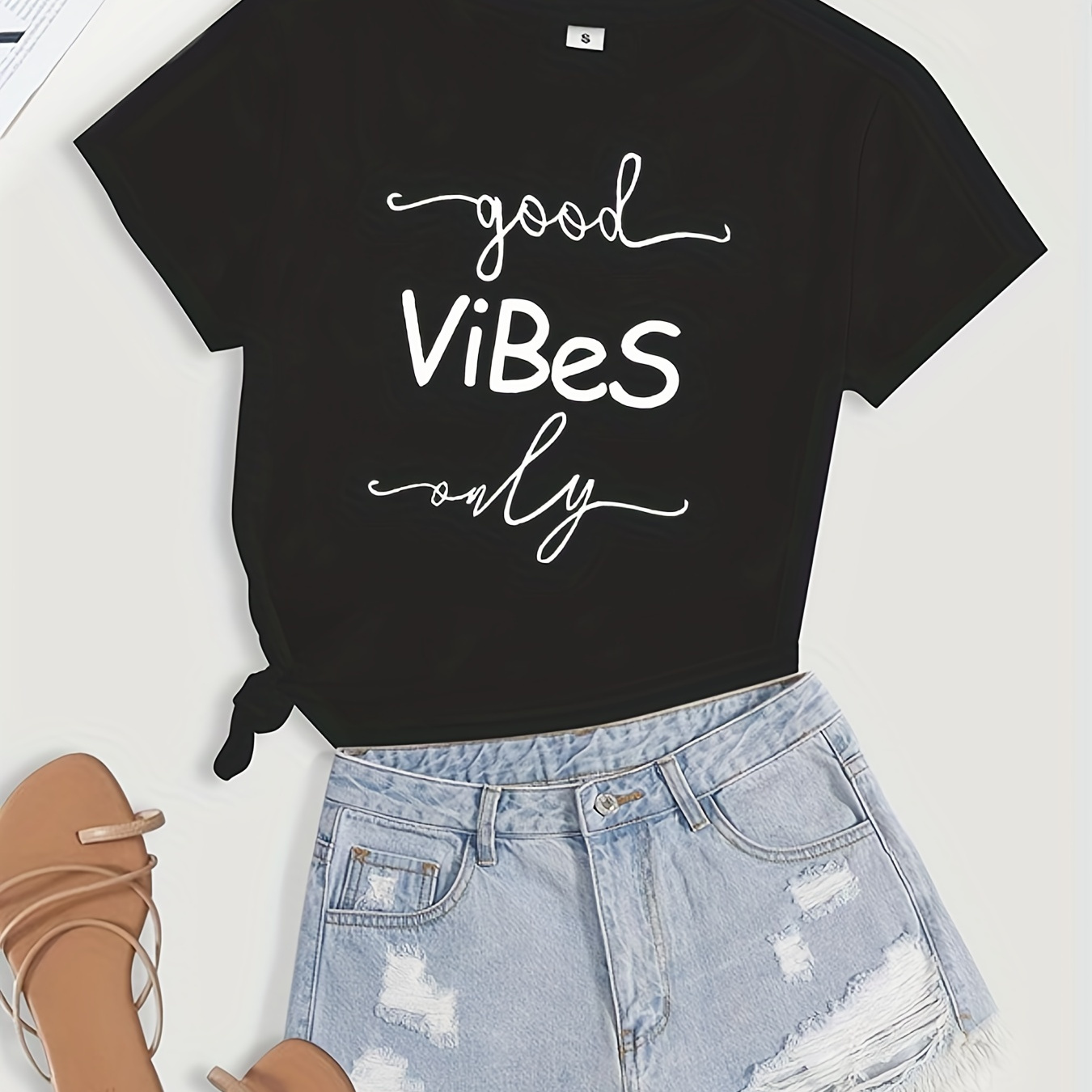 

Good Vibes Only Print T-shirt, Short Sleeve Crew Neck Casual Top For Summer & Spring, Women's Clothing