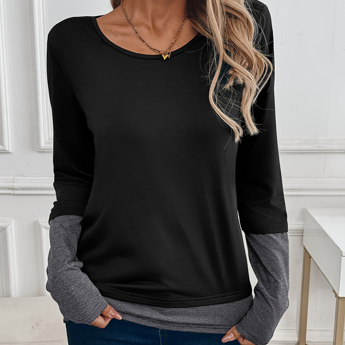 

Crew Neck T-shirt, Long Sleeve T-shirt For Spring & Fall, Women's Clothing