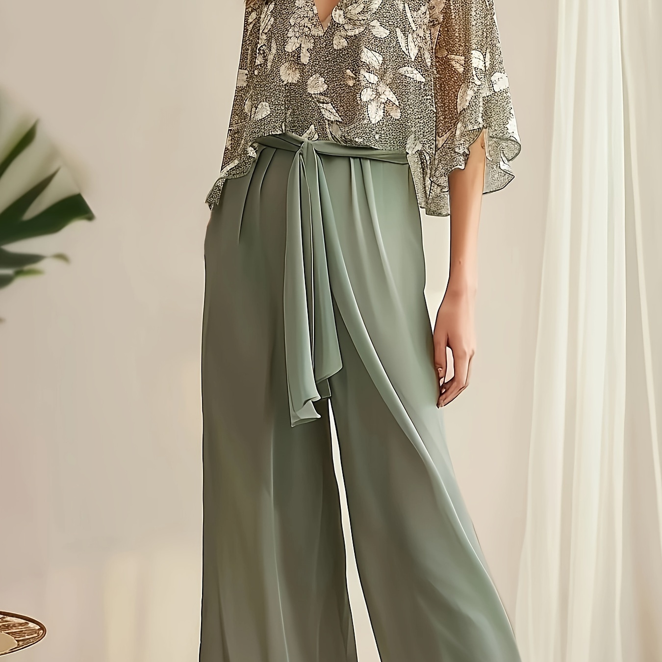 

Plant Print Casual Pantsuits, Deep V Neck Three-quarter Sleeve Blouse & Solid Tie Waist Pants Outfits, Women's Clothing