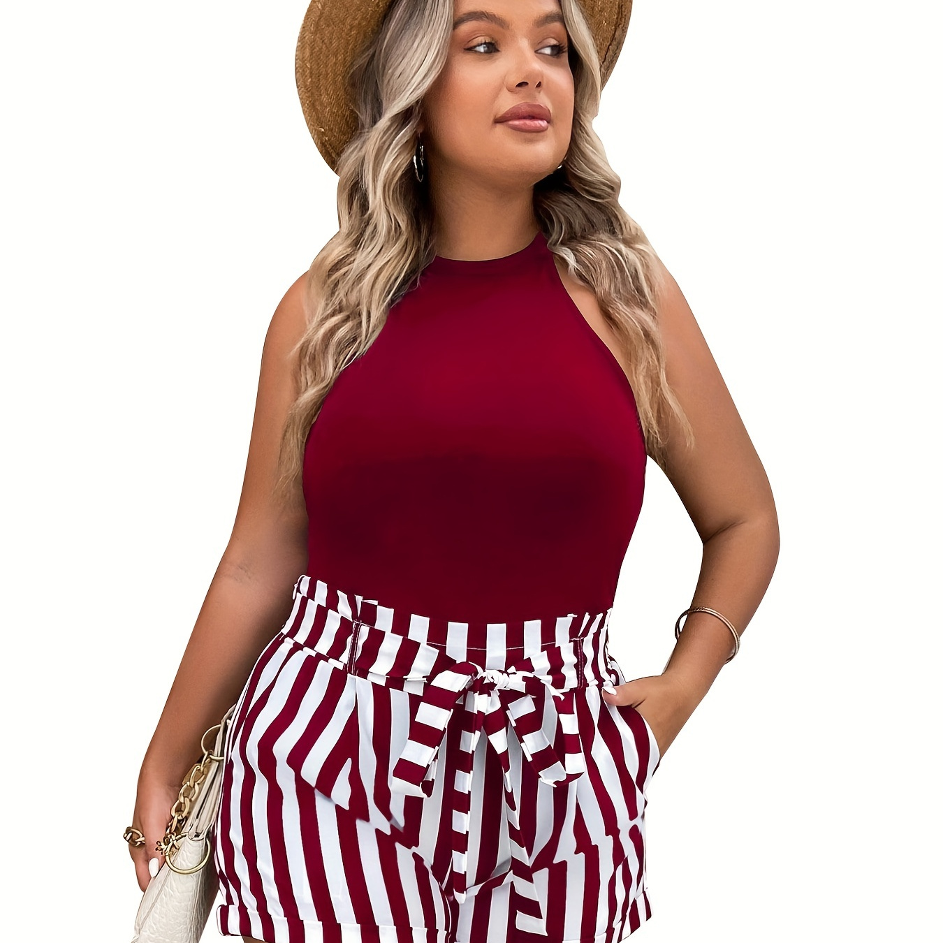 Plus Size Casual Outfits Two Piece Set, Women's Plus Solid Tank Top & Stripe Print Belted Shorts With Pockets Outfits 2 Piece Set