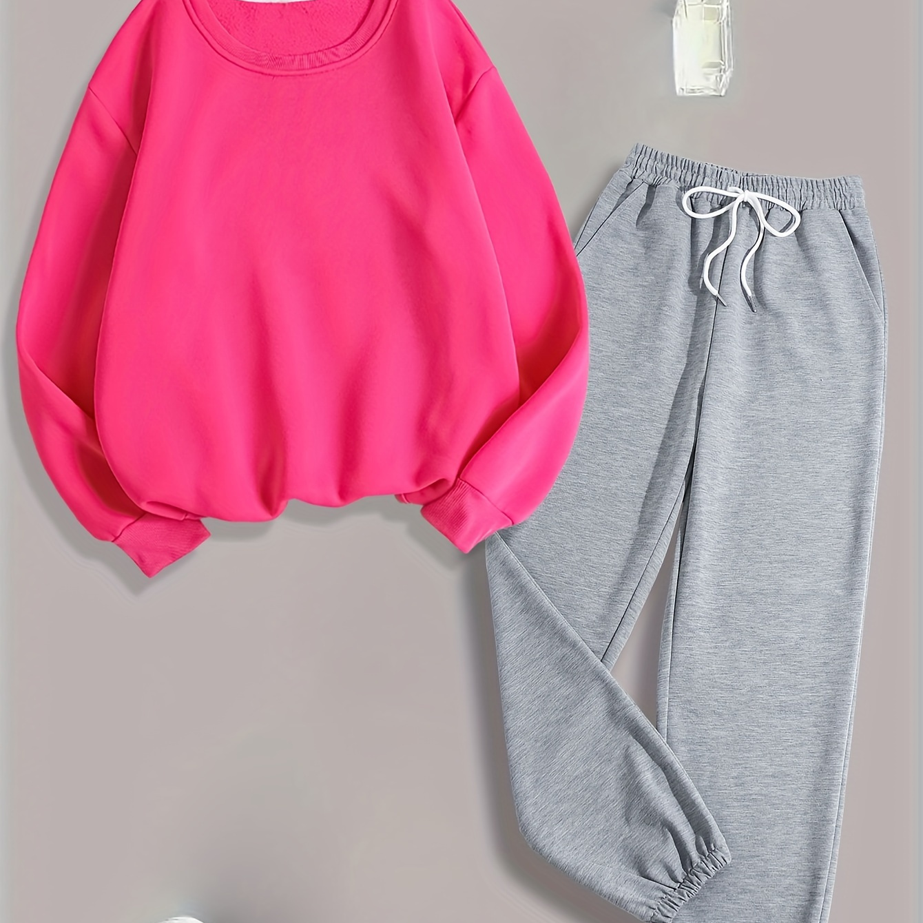 

Women's Sweatshirt & Grey Jogger Set - 100% Polyester, Long Sleeve, Round Neck, With Drawstring Pockets - Machine Washable