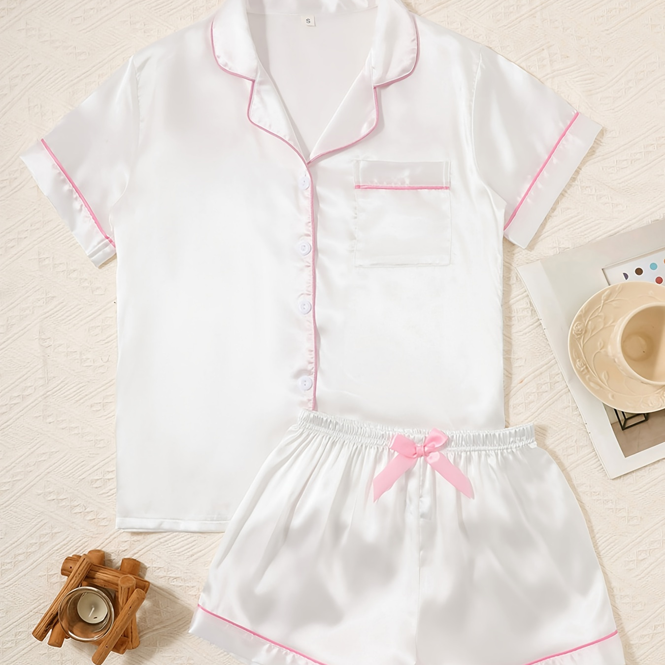 

Women's Solid Satin Casual Pajama Set, Short Sleeve Buttons Lapel Top & Bow Shorts, Comfortable Relaxed Fit