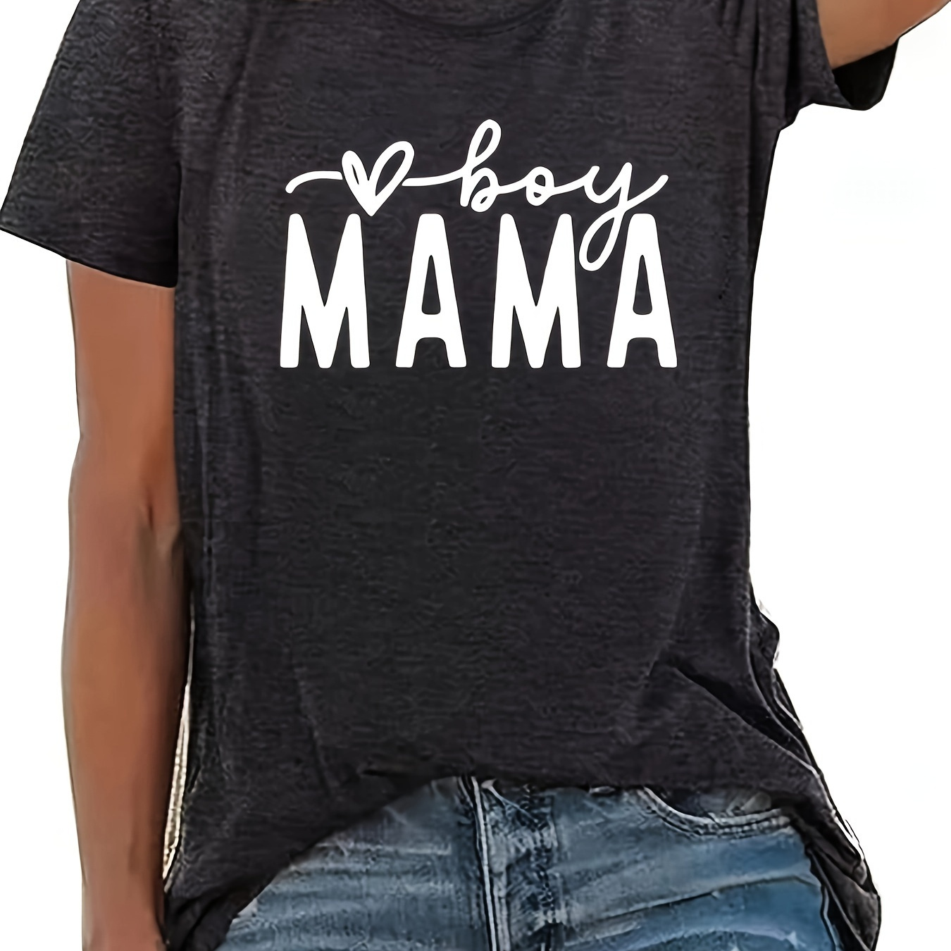 

Plus Size Boy Mama Print T-shirt, Casual Short Sleeve Crew Neck Top For Spring & Summer, Women's Plus Size Clothing