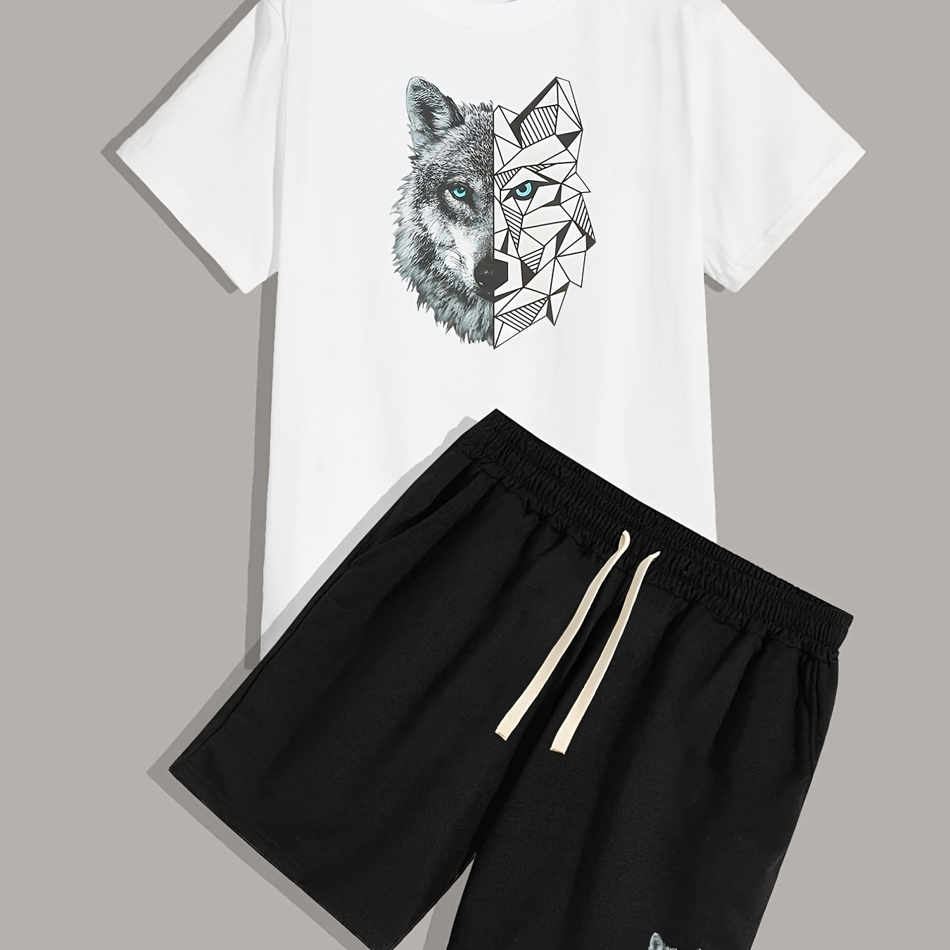 

Wolf, Men's 2 Pieces Outfits, Round Neck Short Sleeve T-shirt And Drawstring Shorts Set