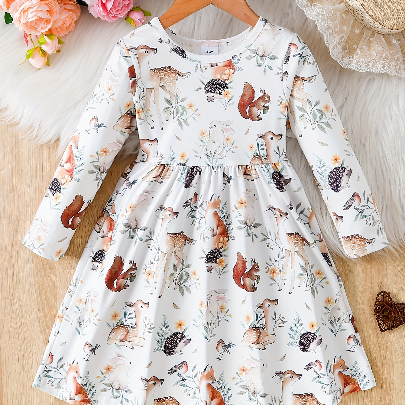 

Woodland Animals Print Girl's Casual Dress Comfy Long Sleeve Holiday Going Out Dresses