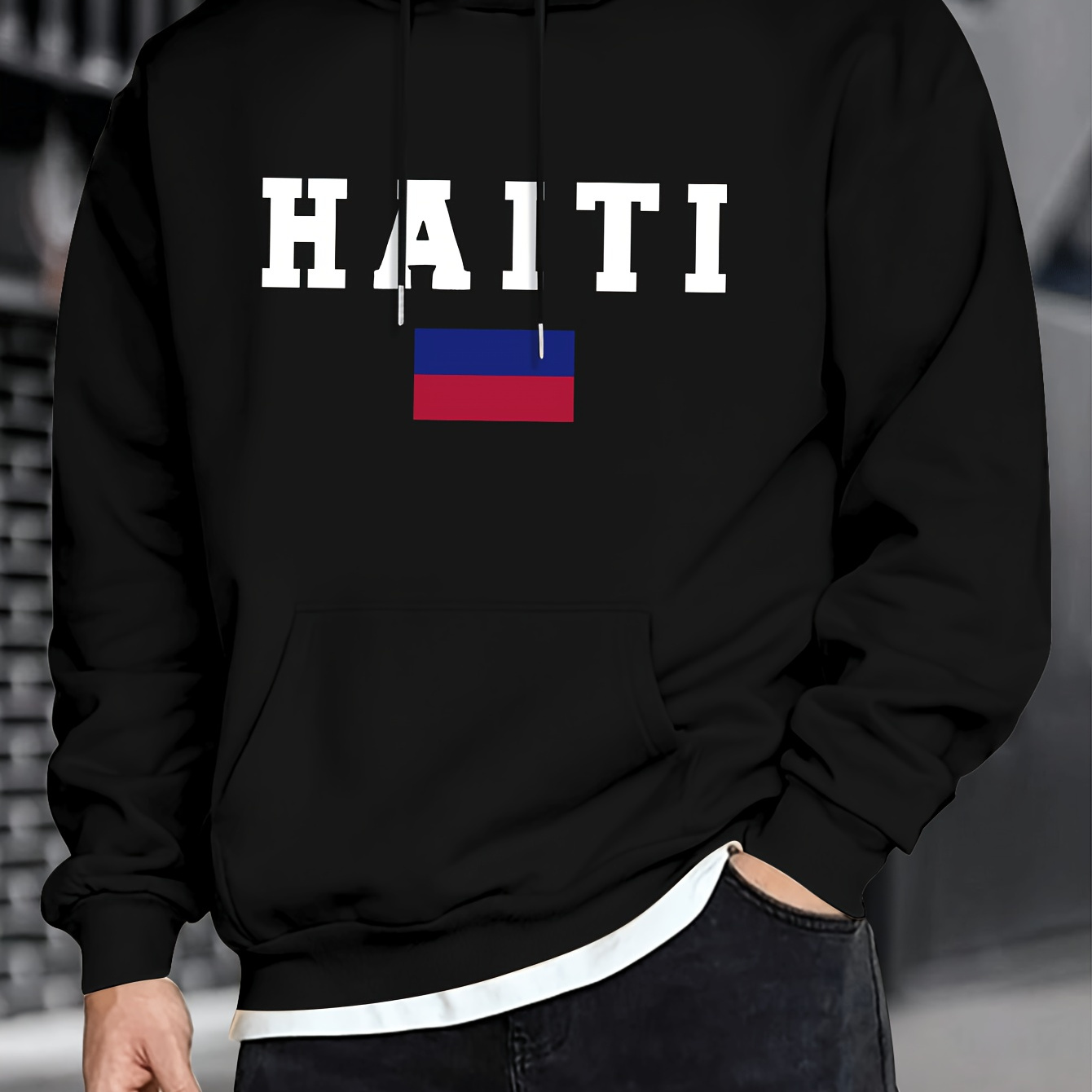 

Haiti Print, Men's Casual And Cozy Hoodies, Trendy Long Sleeve Hooded Sweatshirt, Casual Versatile Top For Autumn Winter