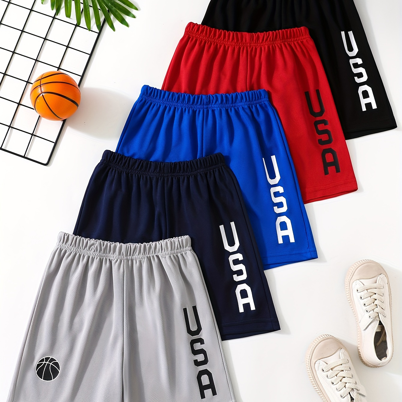 

5-pack Boys Summer Solid Color Casual Shorts, Letter Print Athletic Sport Style, Elastic Waist, Breathable Polyester Fabric, Sizes For Big Kids
