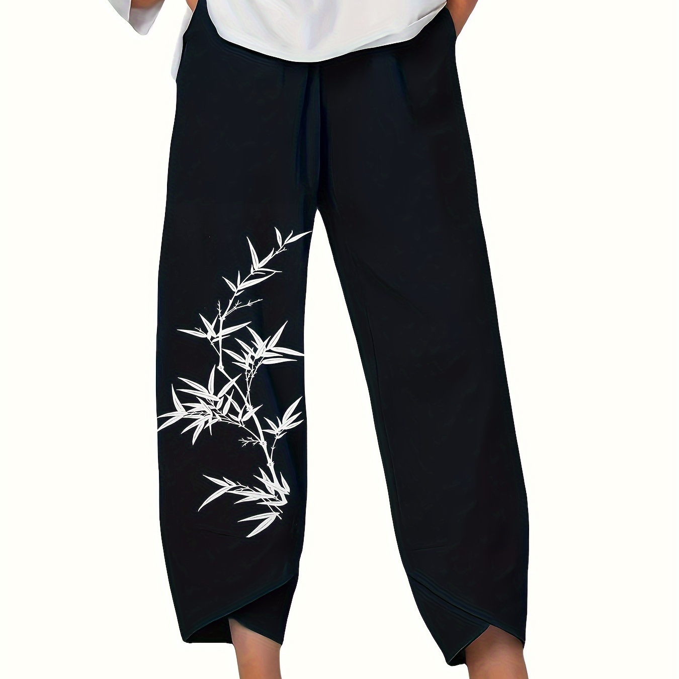 

Pantalon imprimé à feuilles, taille élastique, poches polyvalentes, pantalon court ample pour le printemps et l'été, vêtements pour femmes.